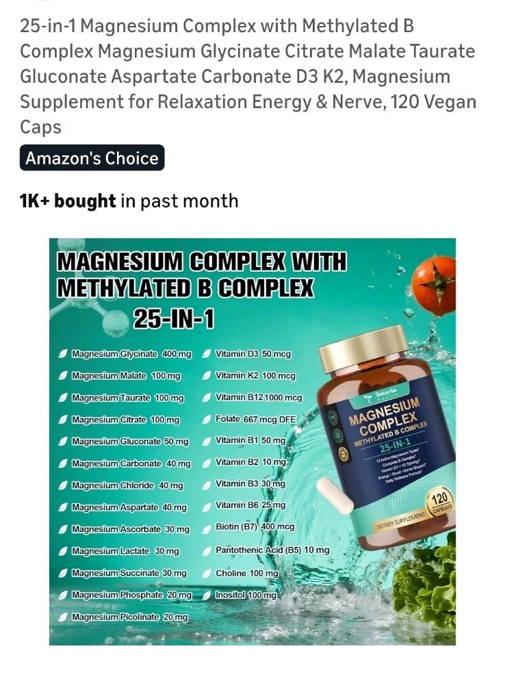 Totaria Health Magnesium Complex Vegan Capsules 120ct Energy Mood Nerve Support