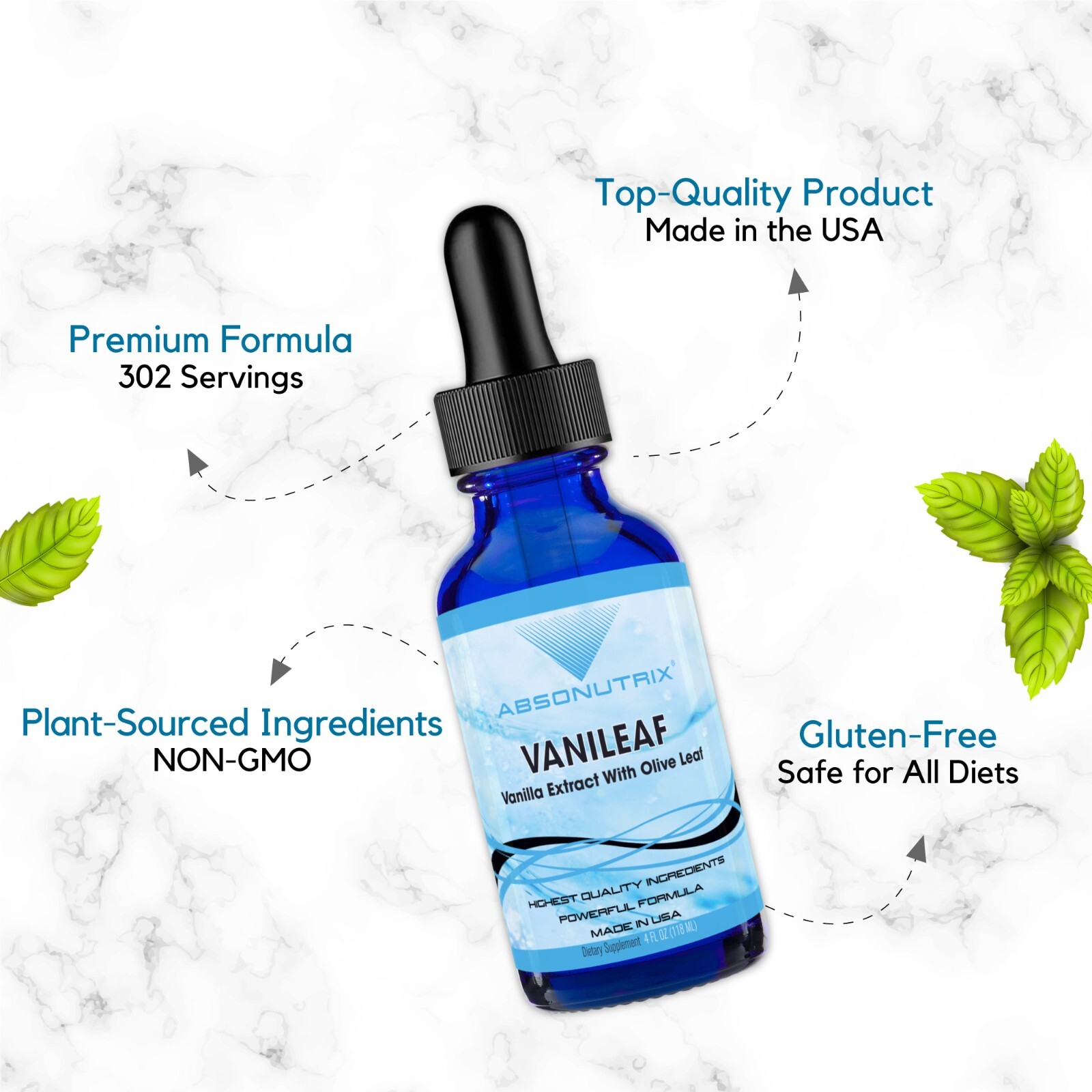 Absonutrix VaniLeaf, 390 mg, 4 FL OZ Liquid, 302 Servings, Made in USA