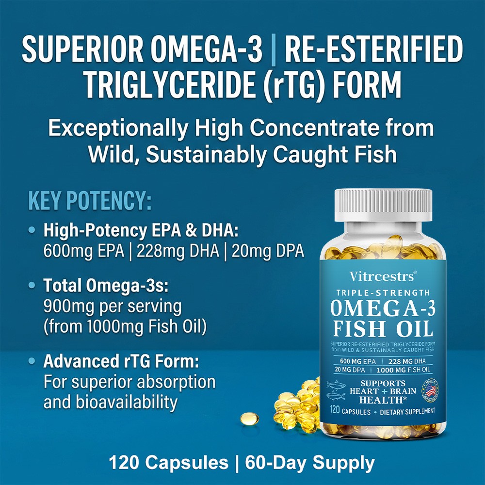 Triple Strength Omega-3 Fish Oil rTG – 900mg EPA/DHA/DPA for Heart&Brain Health