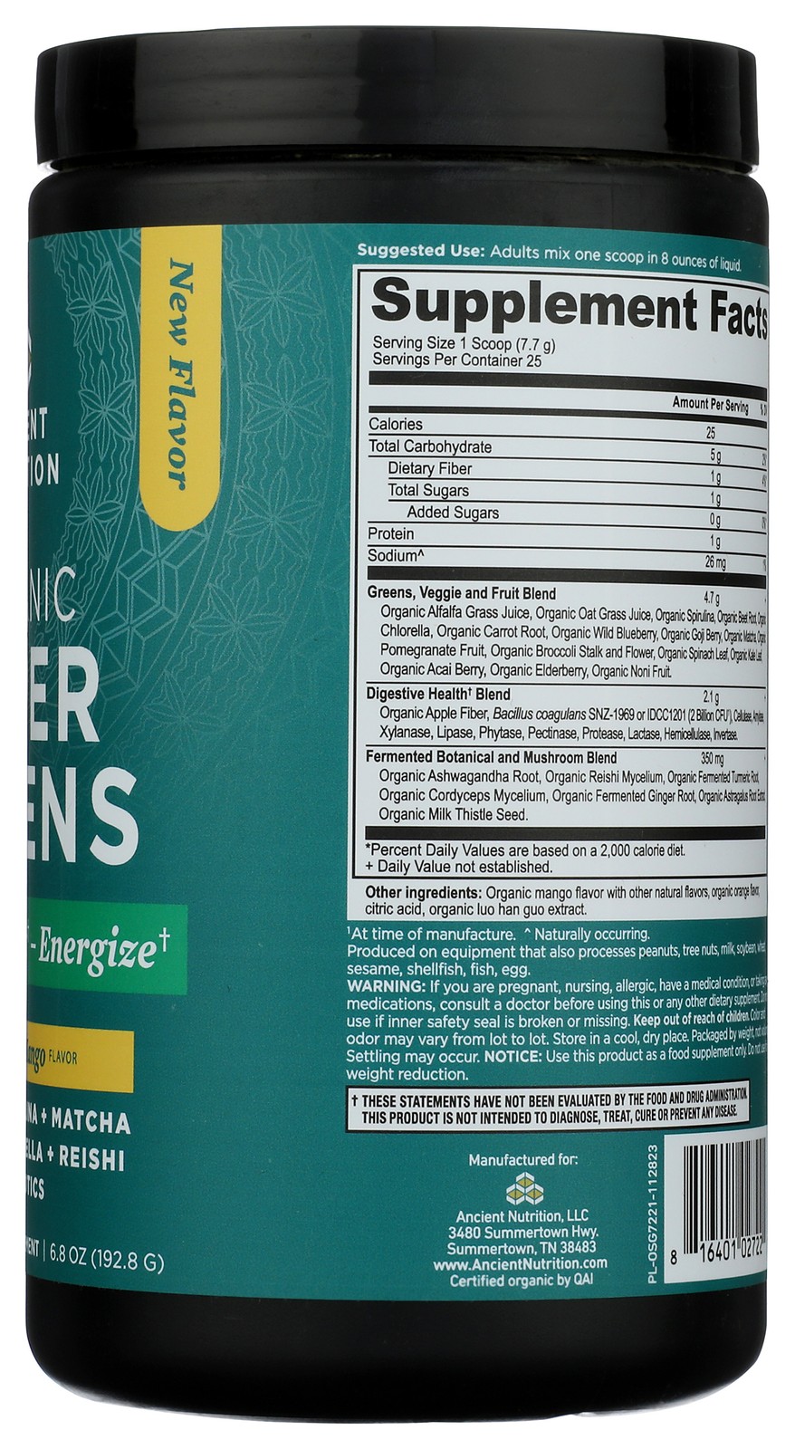 Organic Super Greens Mango Flavor Powder By Ancient Nutrition 1 Pack