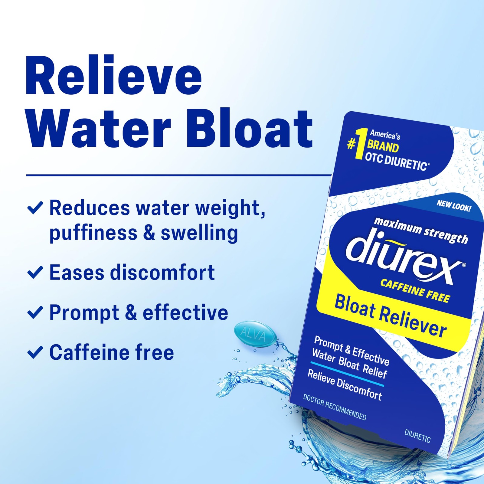 Diurex Caffeine-Free Bloat Relief, Maximum 48 Count (Pack of 1), Blue