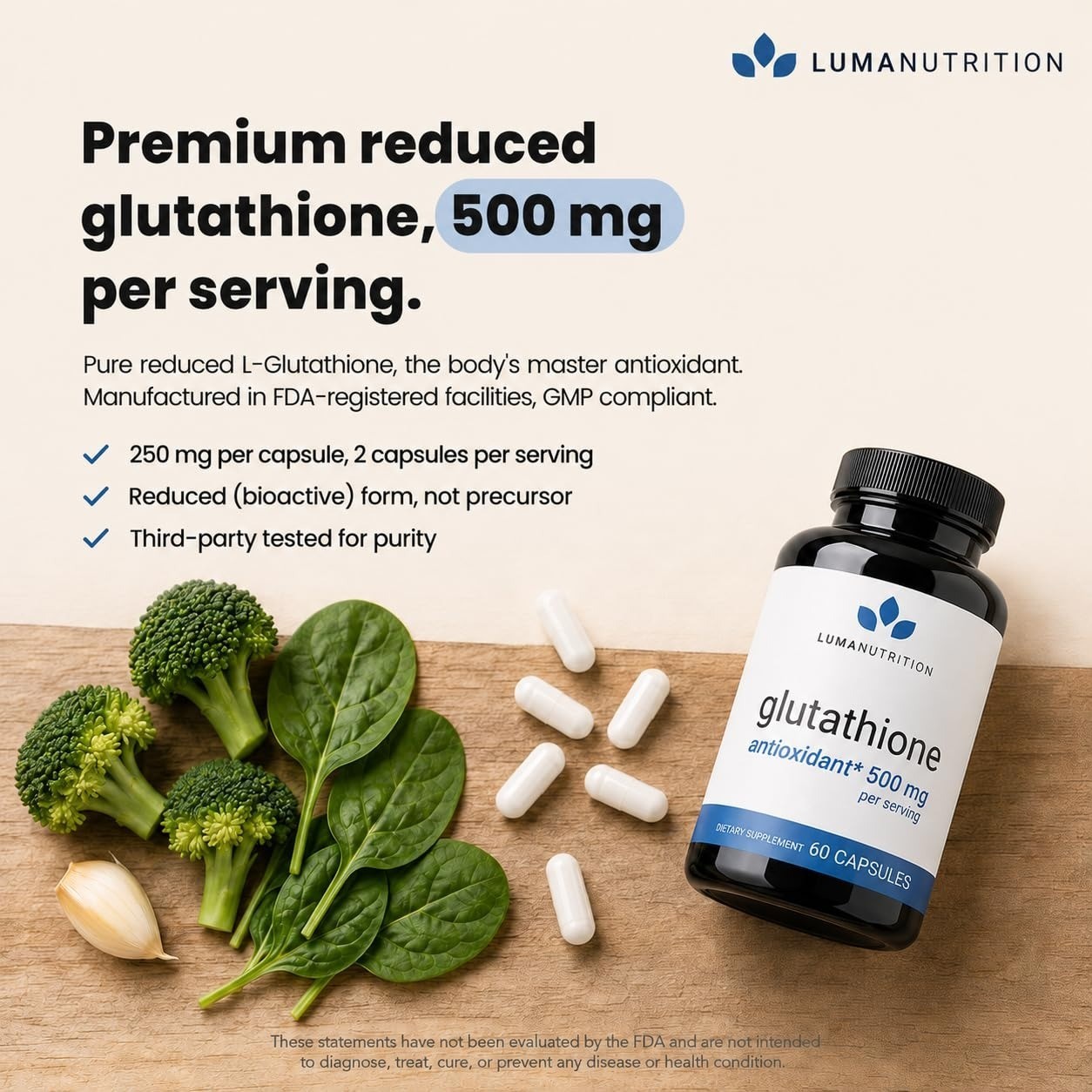 Luma Nutrition Glutathione Supplement 500mg – Antioxidant Support – 60 Capsules