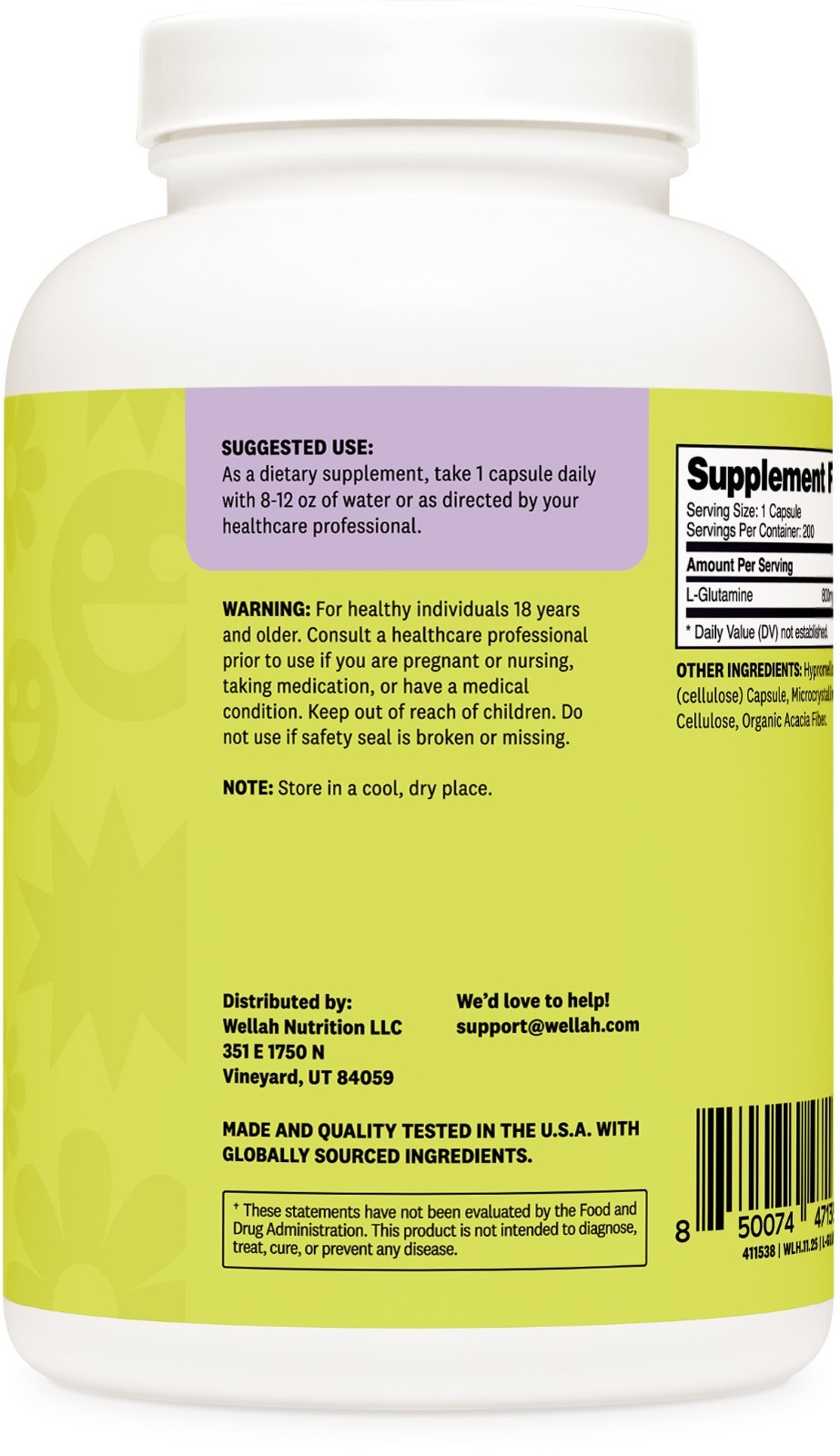 Wellah L-Glutamine Supplement for Women (800mg) 200 Capsules