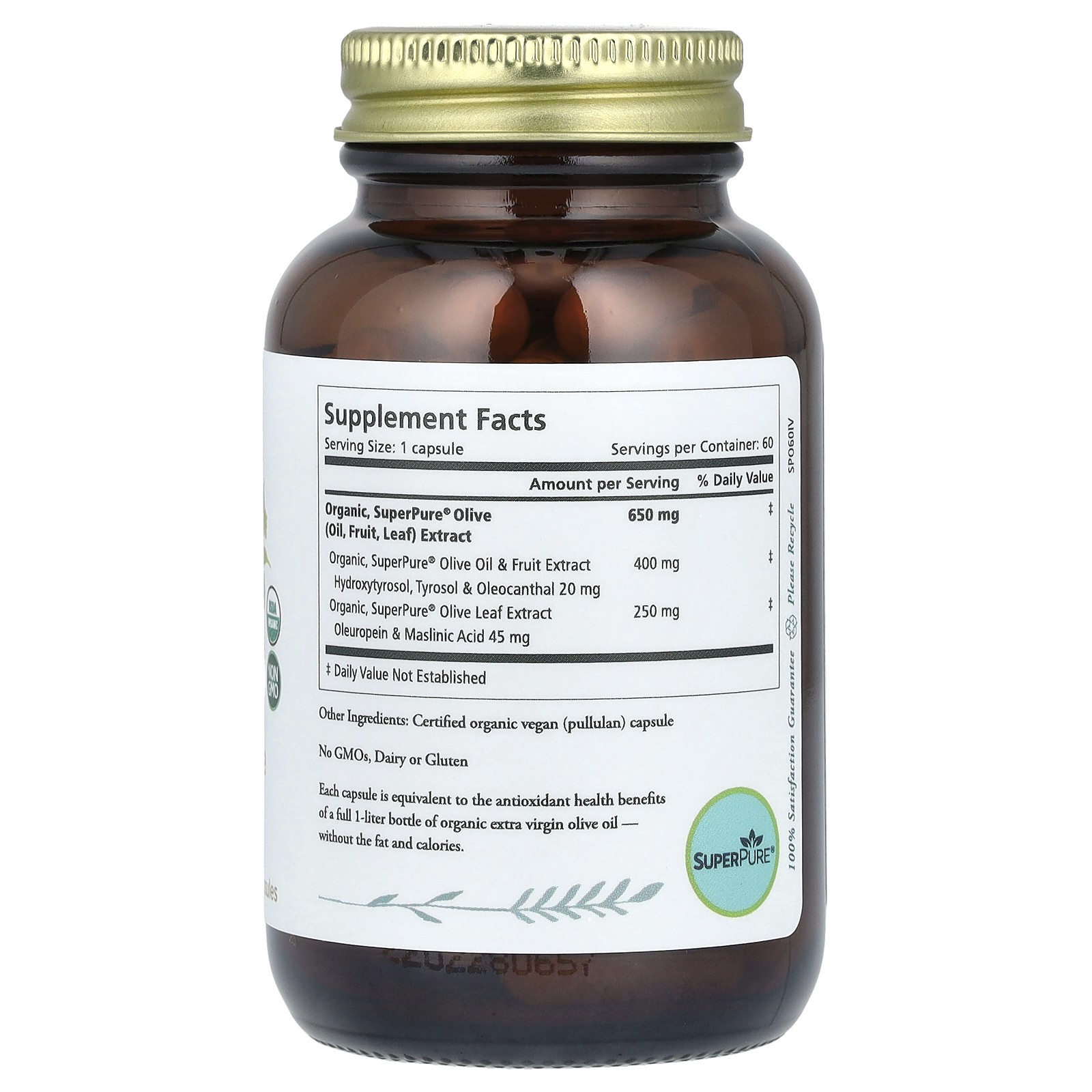 The Synergy Company SuperPure Olive Extract 60 Organic Capsules Dairy-Free,