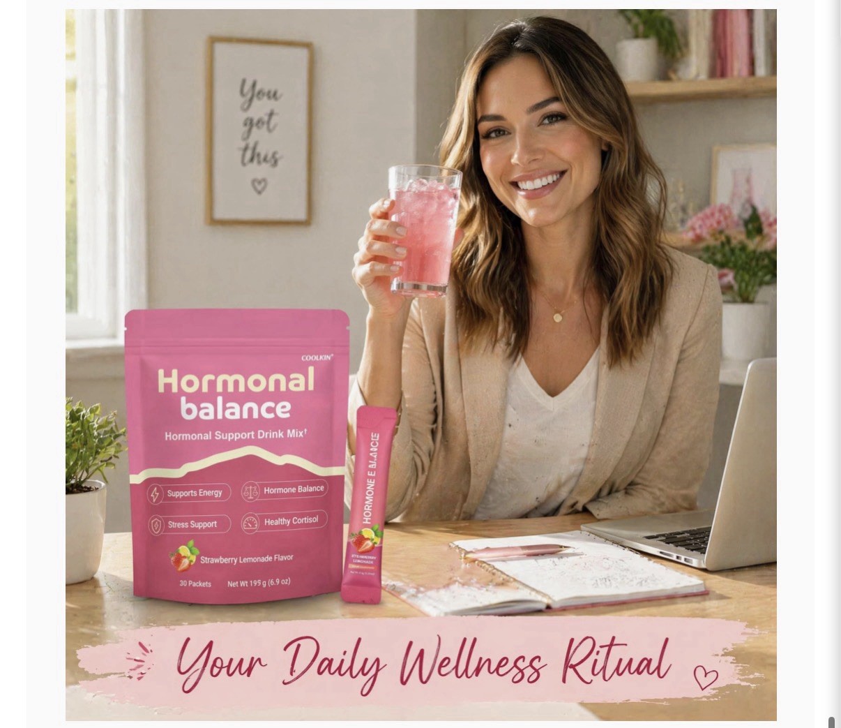 COOLKIN Hormonal Support Drink Mix Strawberry Lemonade 30ct 195g Vegan