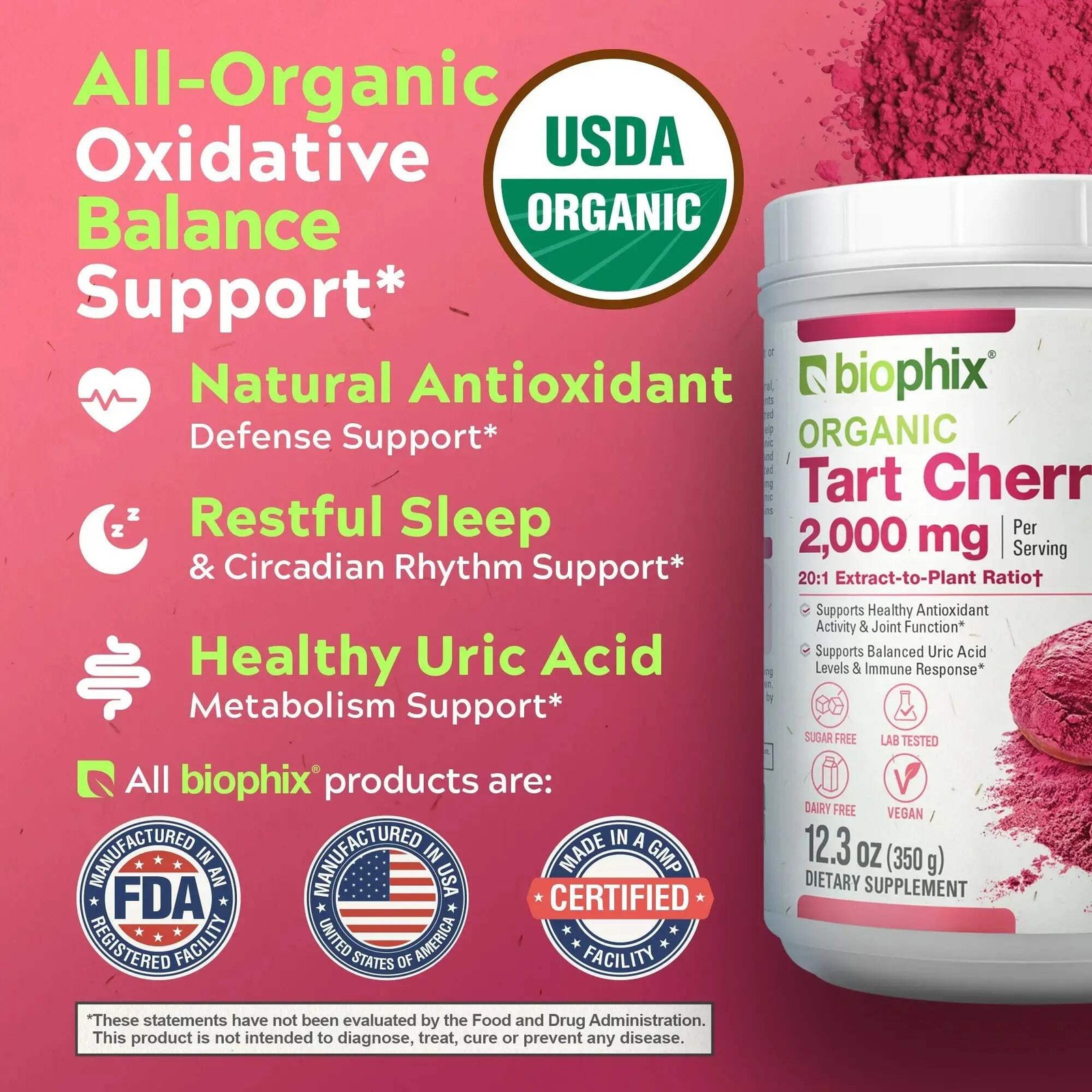 biophix Tart Cherry USDA Organic Powder 20:1 Extract 12.3 oz 350 g