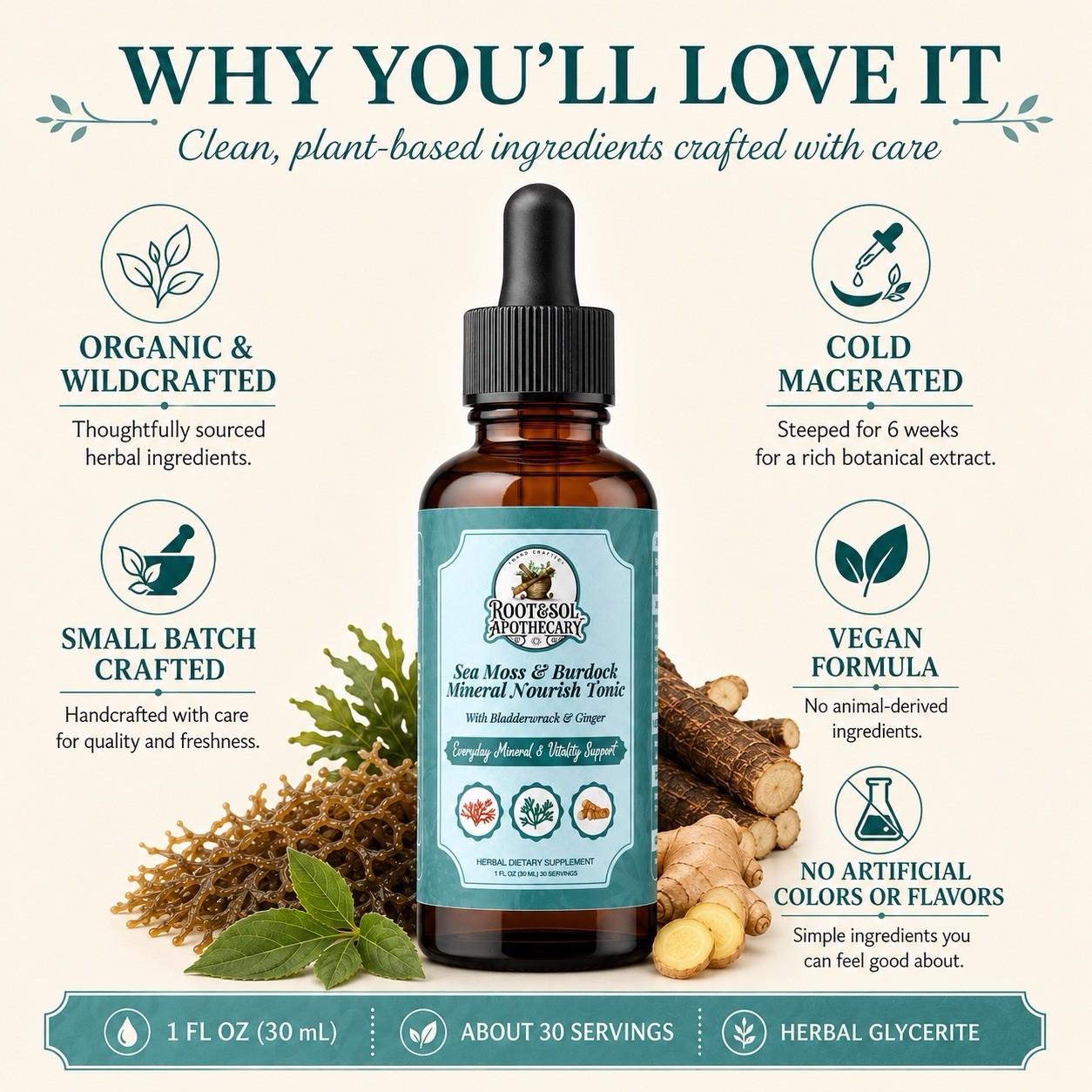 Root&Sol Apothecary Sea Moss Burdock Bladderwrack Ginger Tonic 1 fl oz