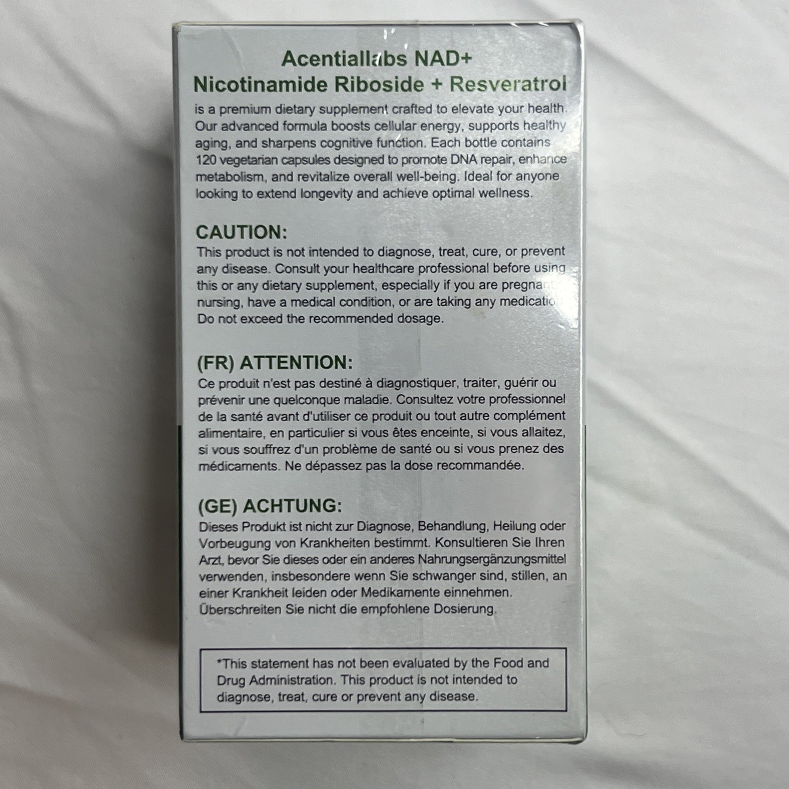Acentiallabs NAD + Nicotinamide Riboside Resveratrol 910 mg 120 Caps EXP 10/2027