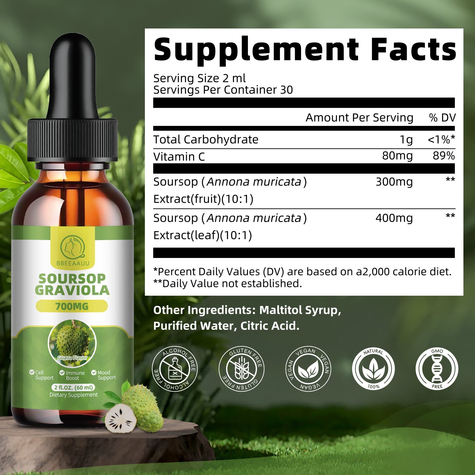 Pure Soursop Graviola Extract Liquid Drops Support Regeneration, Immune Boost