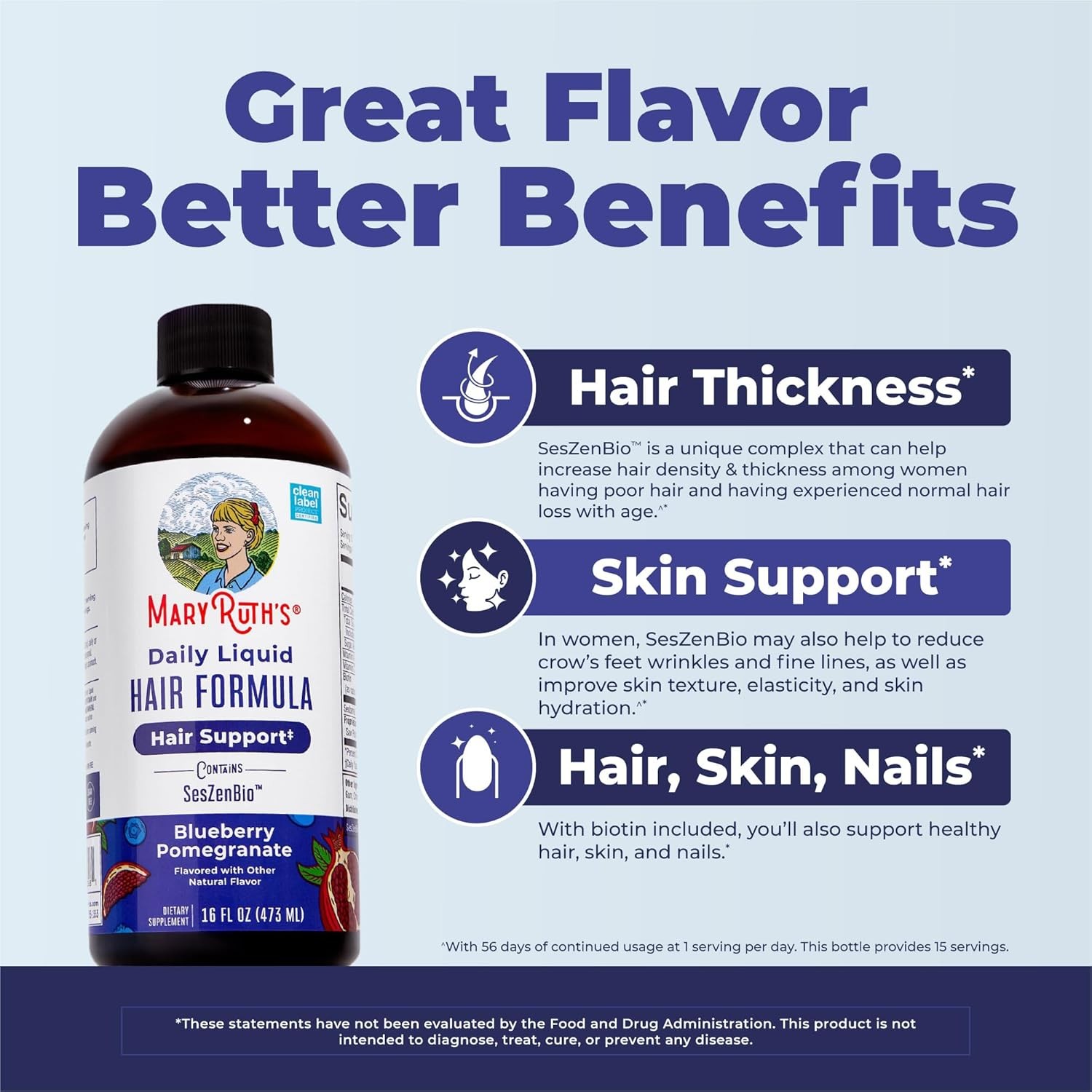 MARYRUTH’S Daily Liquid Hair Formula |500 mg SesZenBio?+2,500 mcg Biotin Thicker