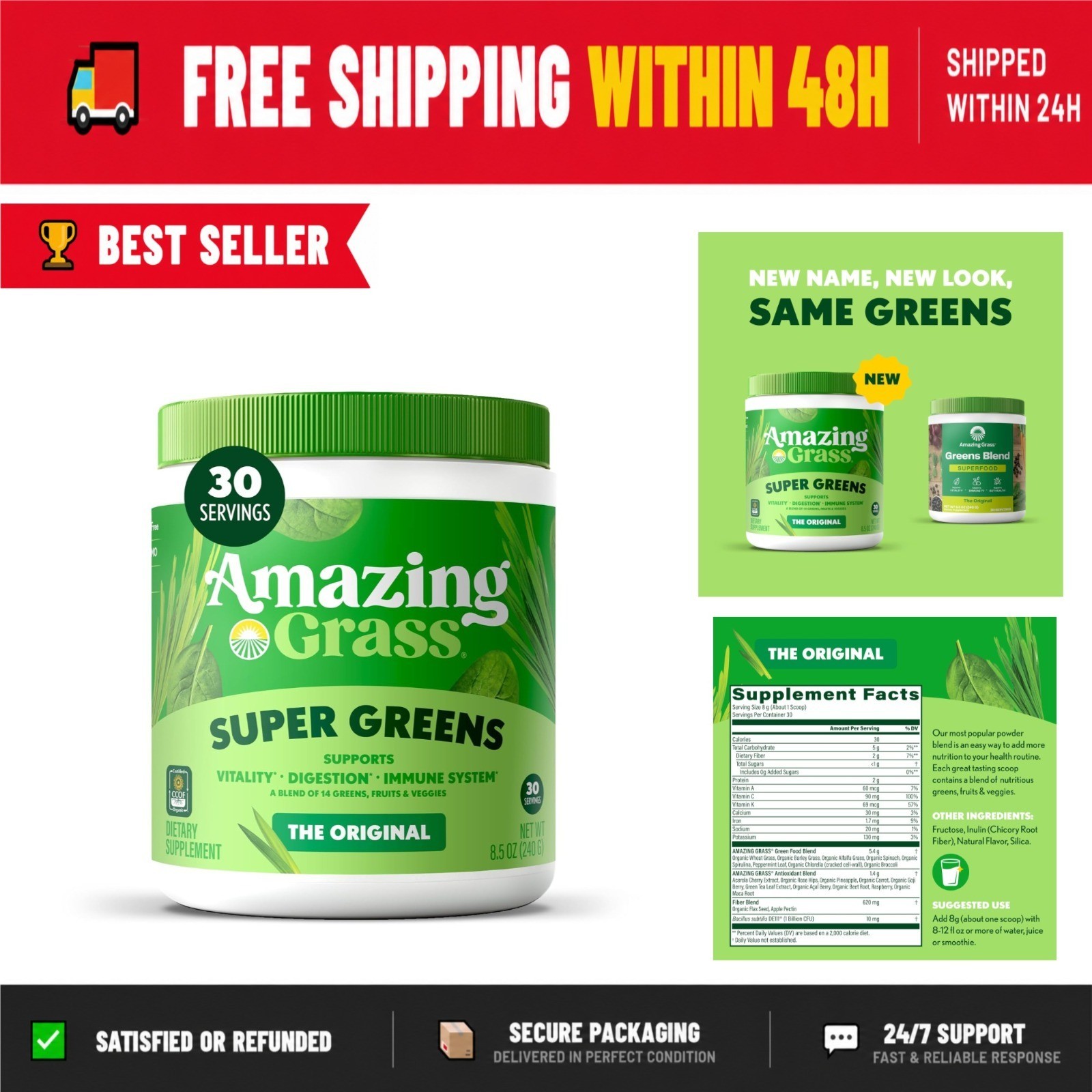 Amazing Grass Super Greens Powder – Organic Smoothie Supplement – 30 Servings