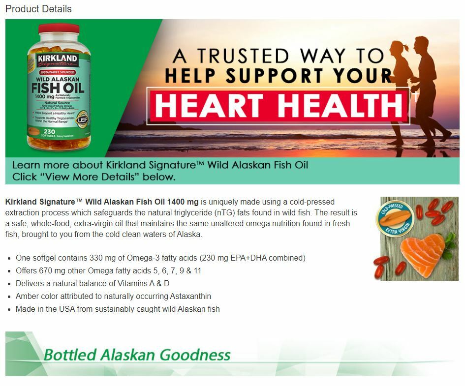 Kirkland Signature Wild Alaskan Fish Oil Omega-3 Fatty Acids 1400mg 230 Softgels