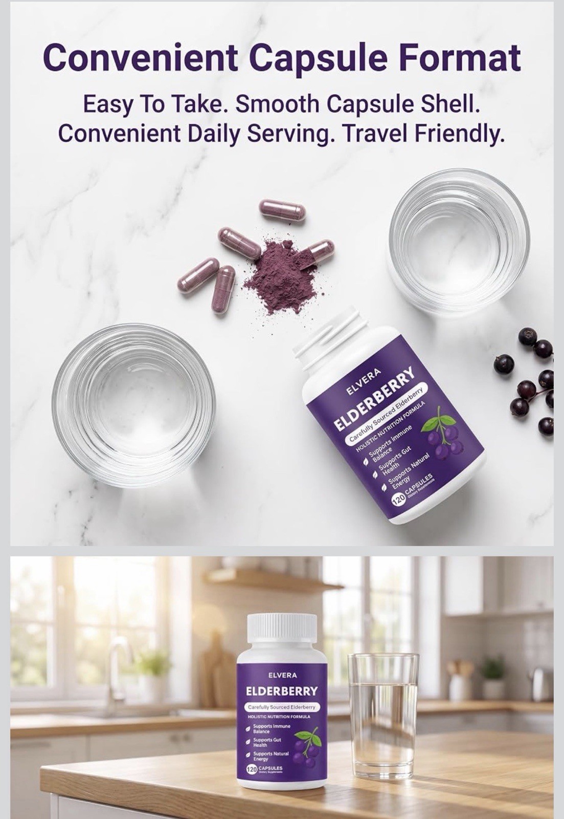 ELVERA Elderberry Capsules w/ Zinc & Vitamin C Vegan Non-GMO 120 Ct