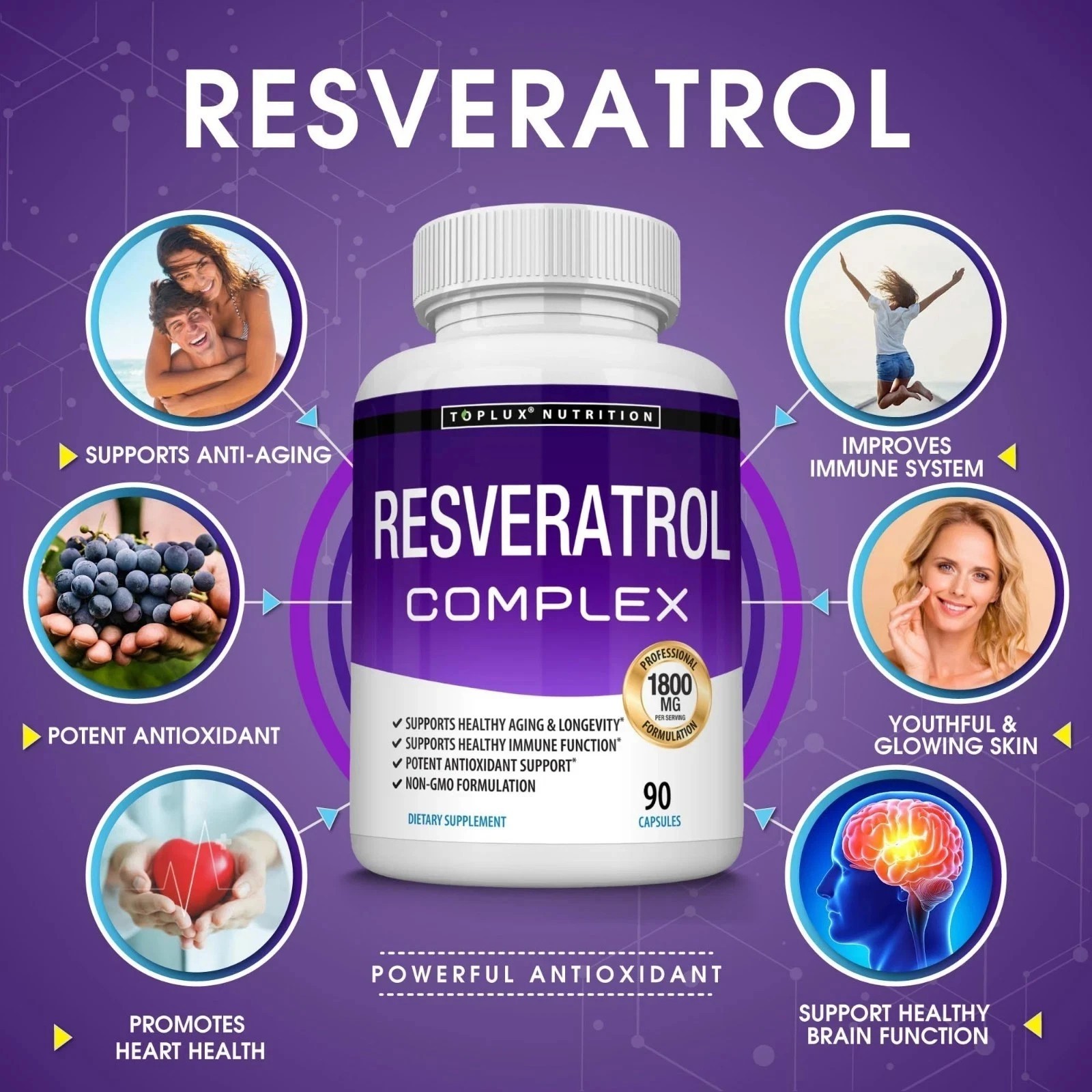 Toplux Nutrition Resveratrol Complex 1800mg 90 Capsules Non-GMO Antioxidant