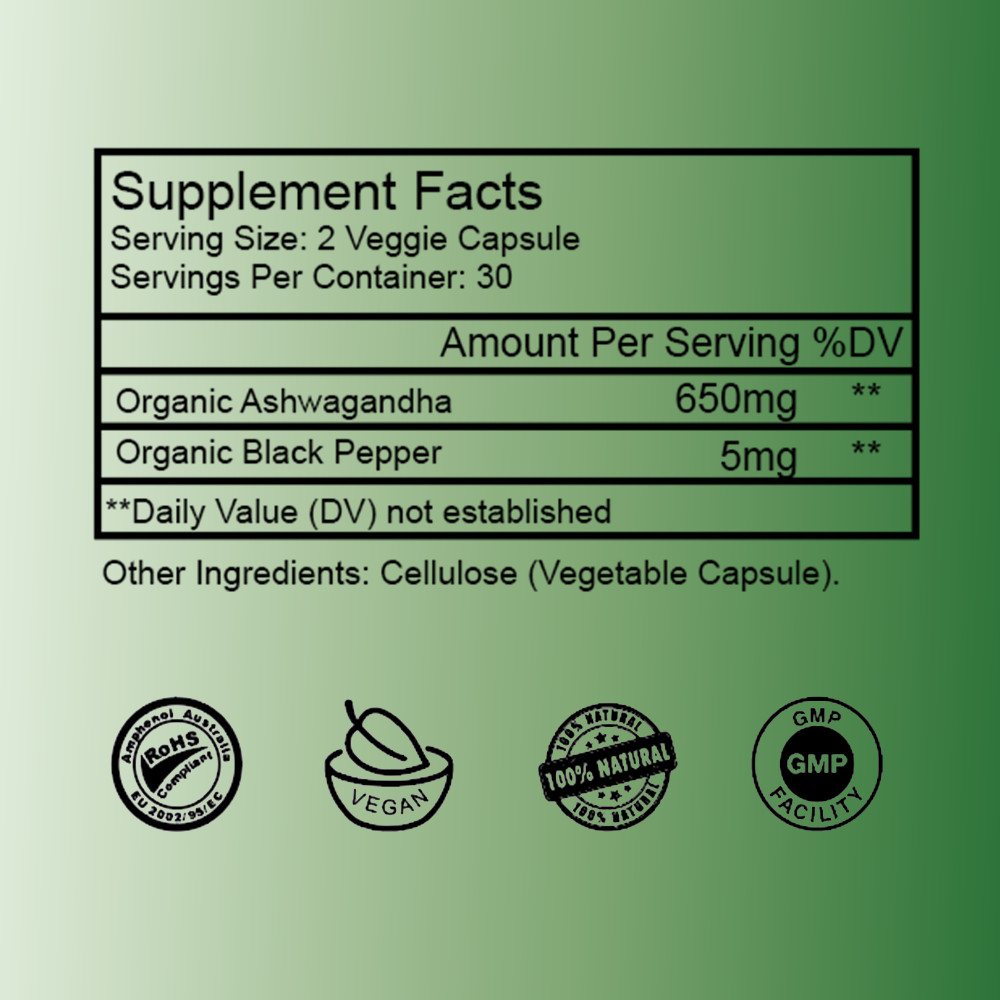 Organic Ashwagandha Capsules 1300mg Supplement w/Black Pepper Root Powder