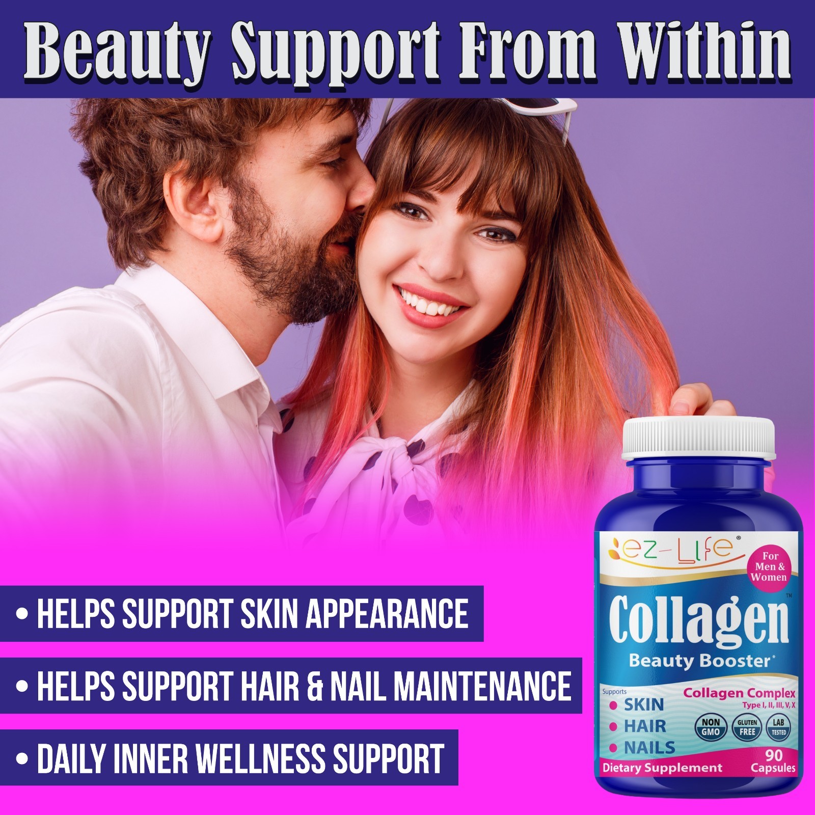 Collagen Peptides Beauty Supplement for Men & Women-Hydrolyzed Anti Aging 90Caps