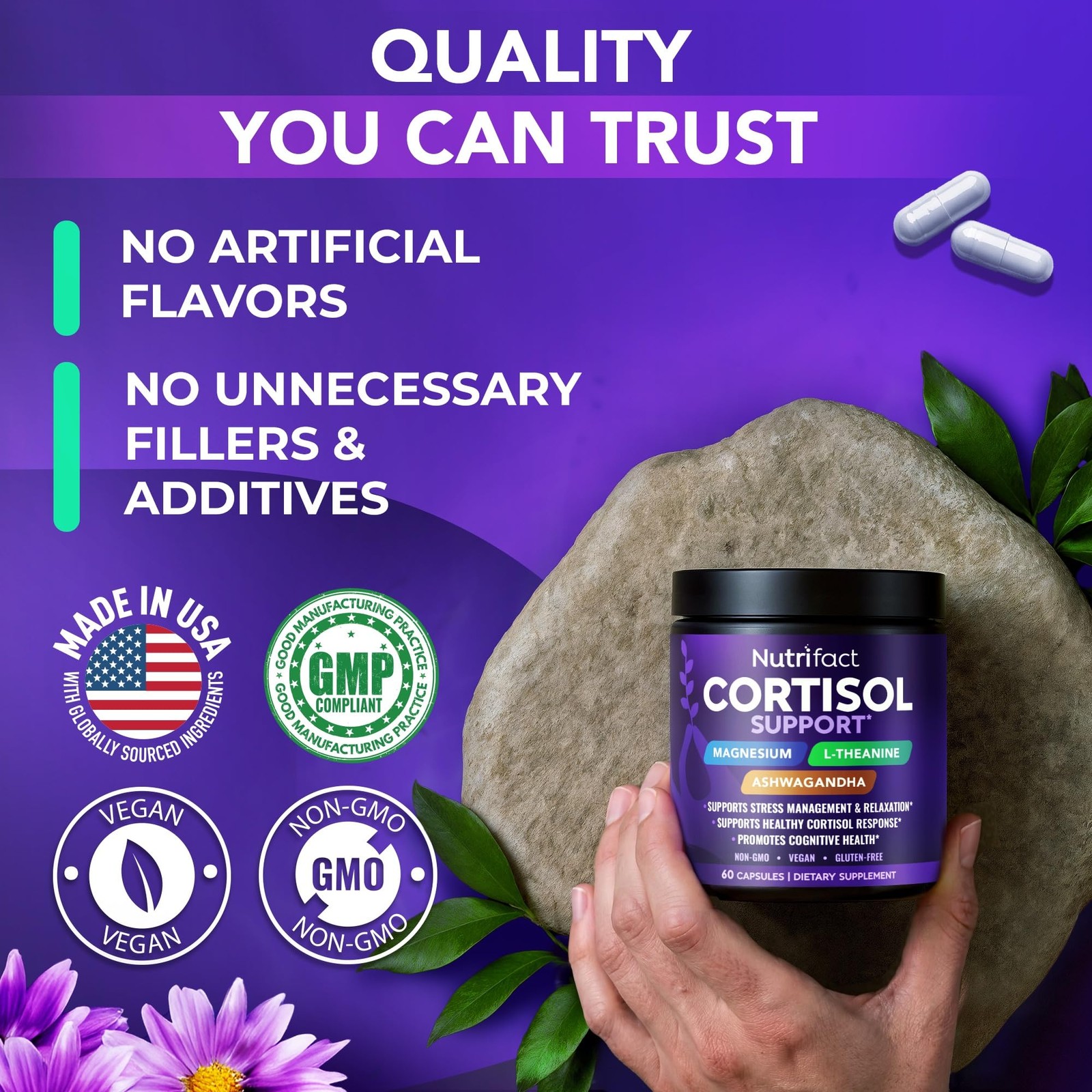 NutriFact Cortisol Supplements for Women & Men – Vegan, 60 Count (Pack of 1)