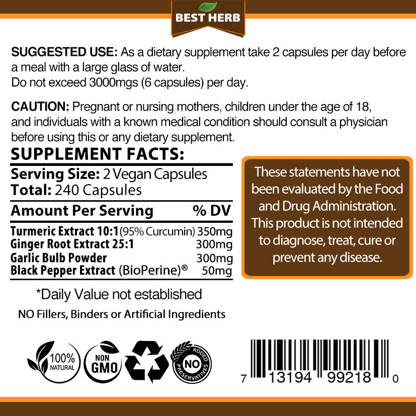 240 PURE TURMERIC GARLIC GINGER BLACK PEPPER EXTRACT 95% CURCUMIN TUMERIC PILLS