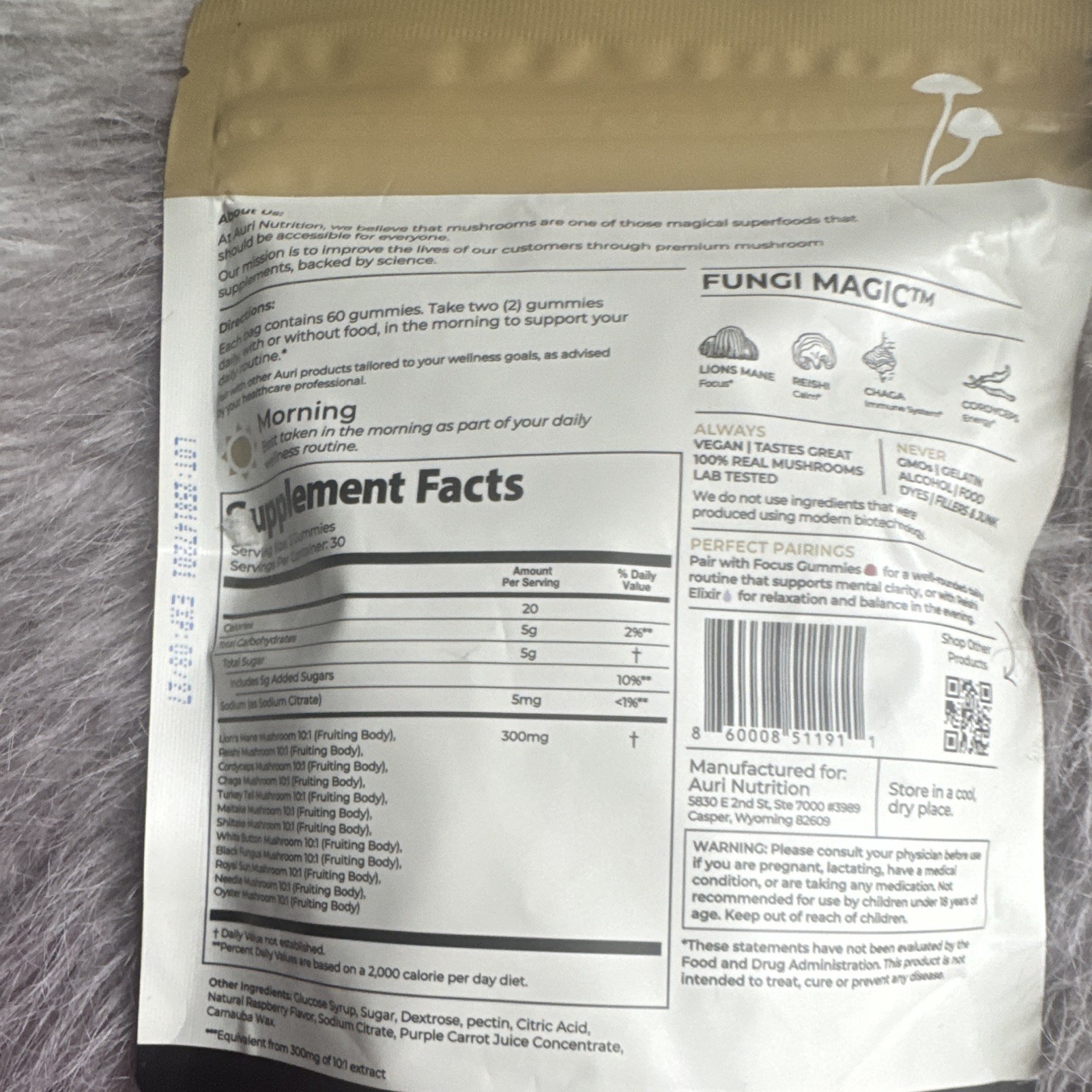 Auri Nutrition Super Mushroom Gummies Lion’s Mane Blend Wild Raspberry 60ct