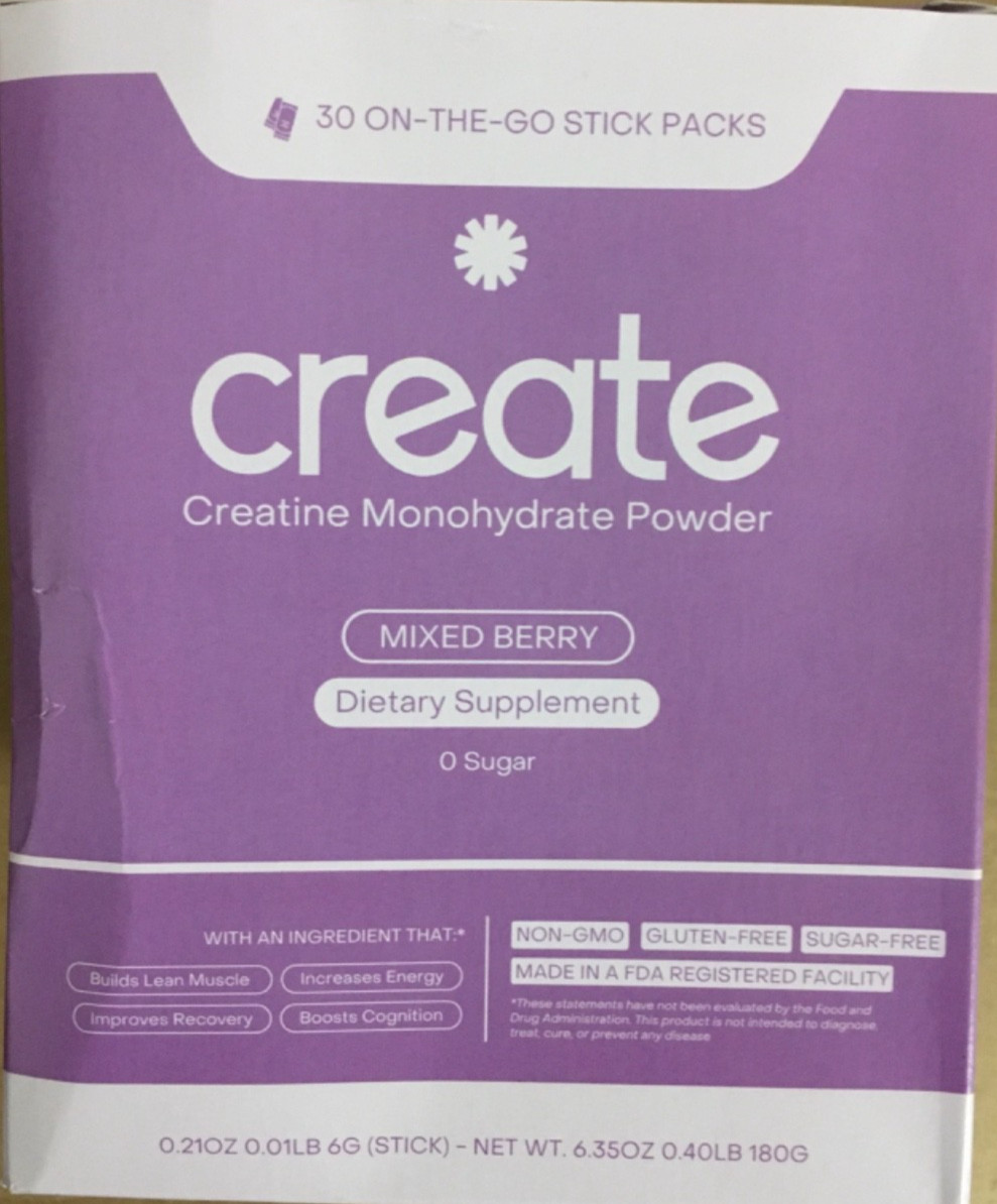 Create Creatine Monohydrate 30 On-The-Go Stick Packs Mixed Berry Exp 8/27