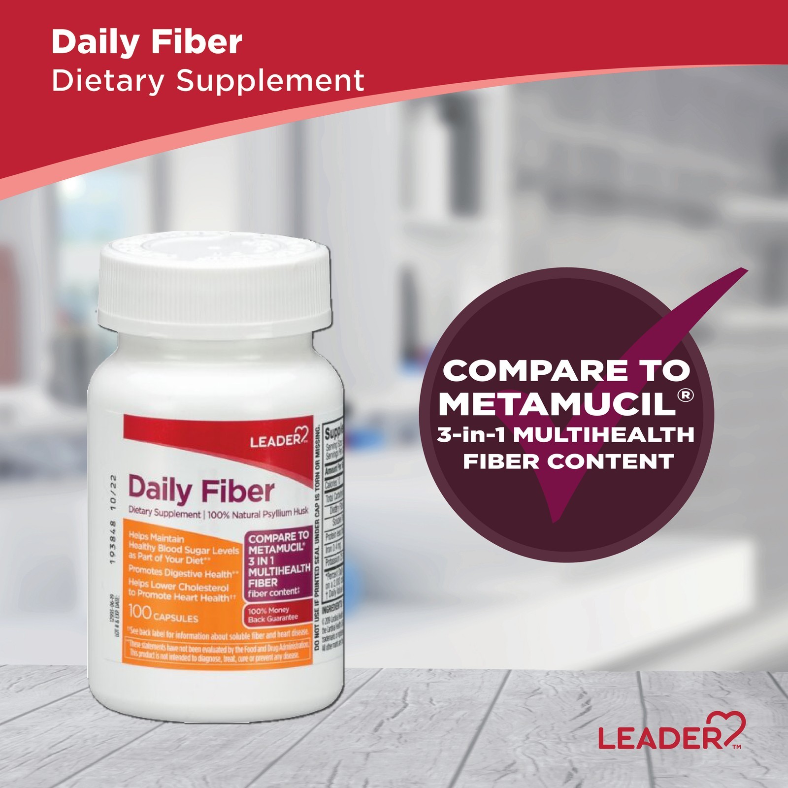 Leader Daily Psyllium Husk Powder Supplement for Health 100 count