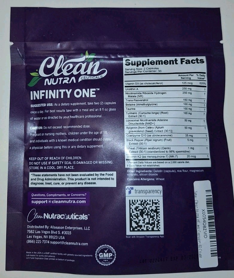 Clean Nutraceuticals Infinity One Urolithin-A NAD+, Purple, 60 Caps