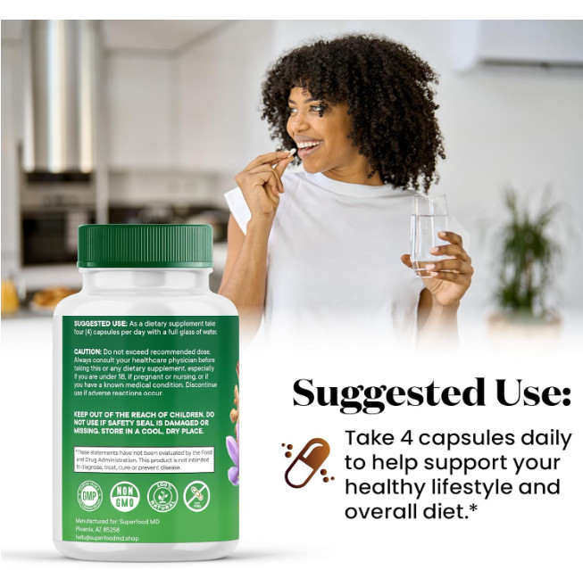 Superfood MD Moringa Supplement Turmeric Ginger Boswellia Saffron Basil 120 Caps
