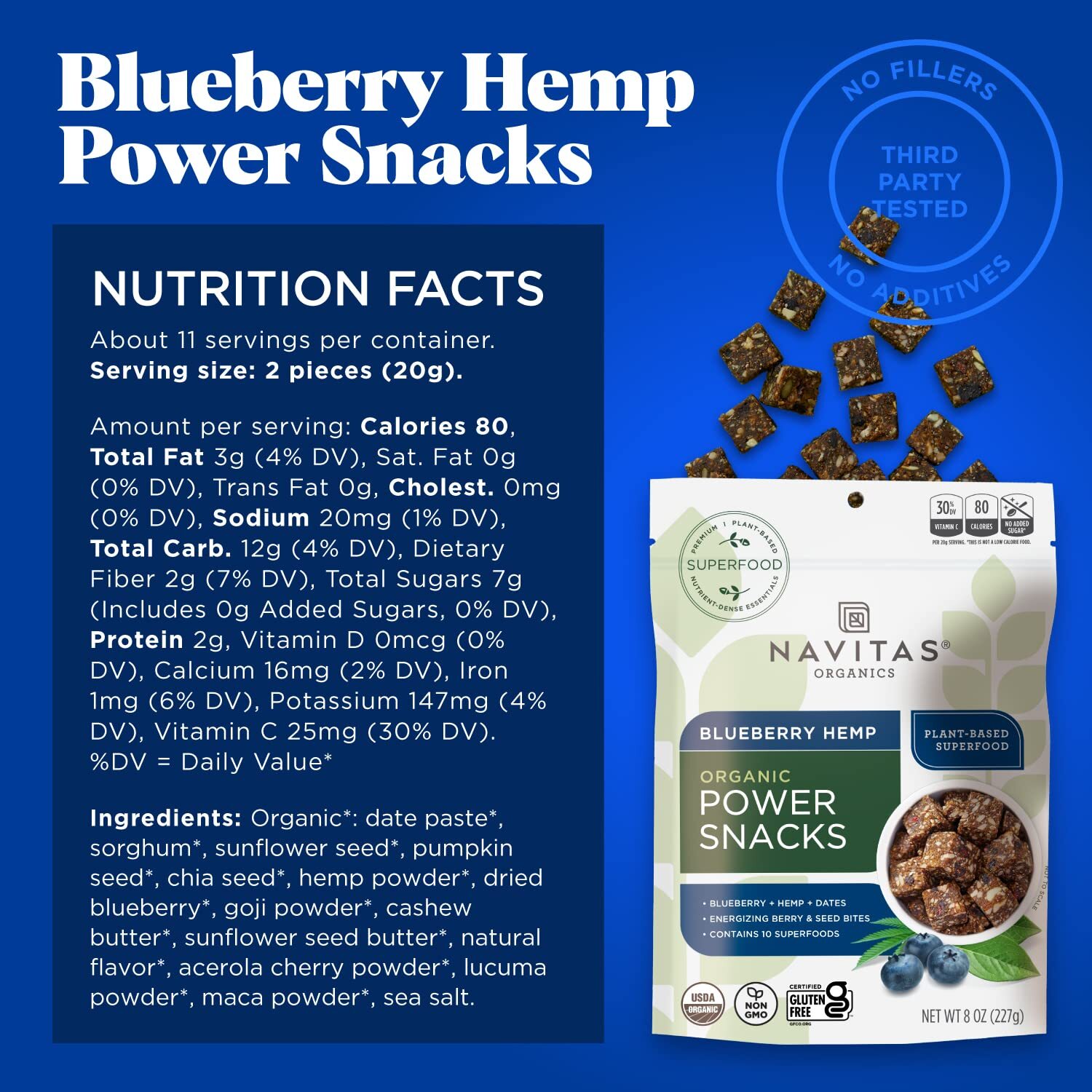 Navitas Organics Blueberry Hemp Power Snacks Organic Superfood 8 Ounce Pack