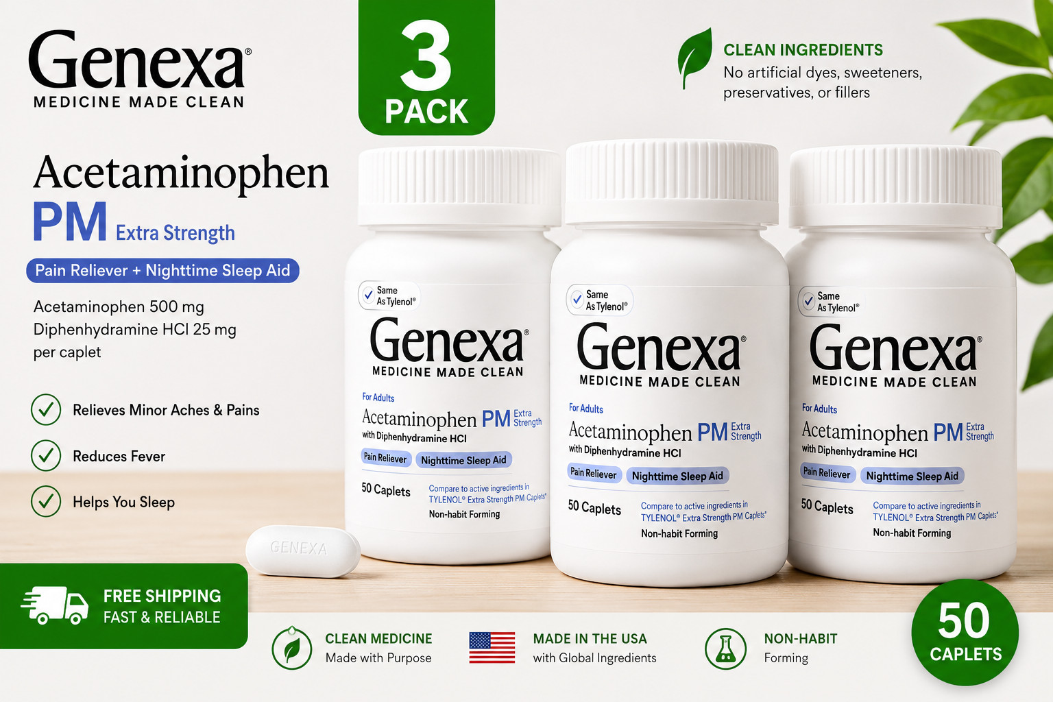 (Pack of 3) Genexa Acetaminophen PM Extra 50 Each 04/2027