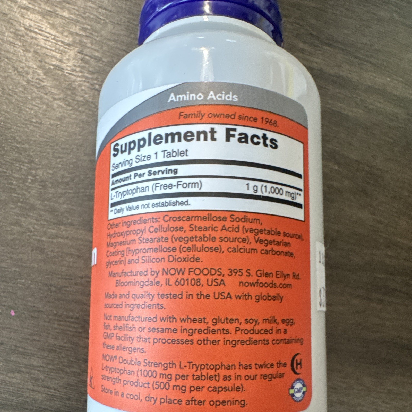 NOW Double Strength L-Tryptophan 1000mg Tablets 60 ct Vegetarian Vegan
