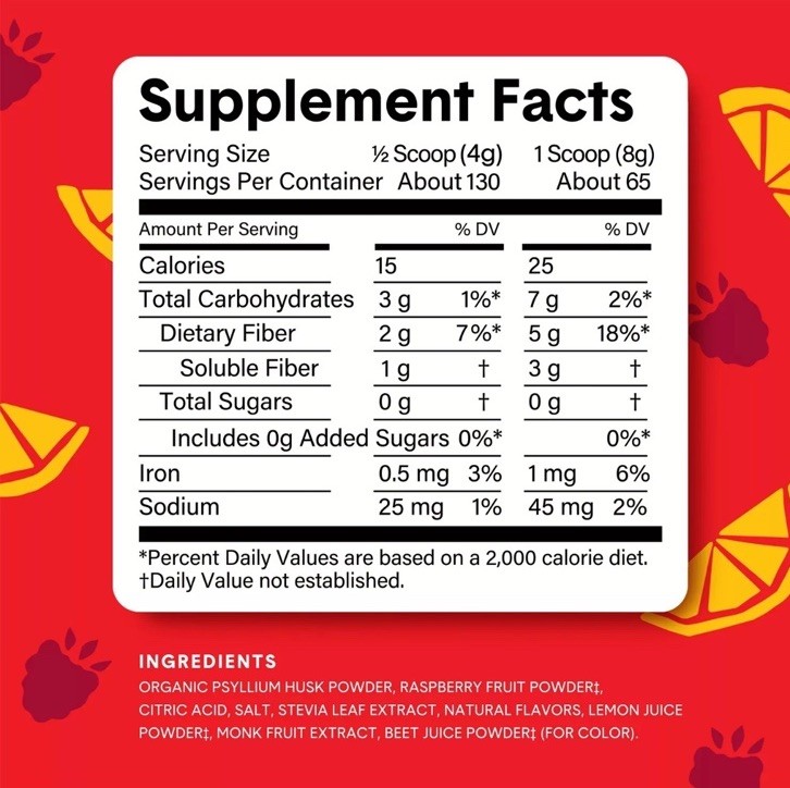 Bellway Super Fiber + Fruit Psyllium Husk Raspberry Lemon 36oz – 2x18oz
