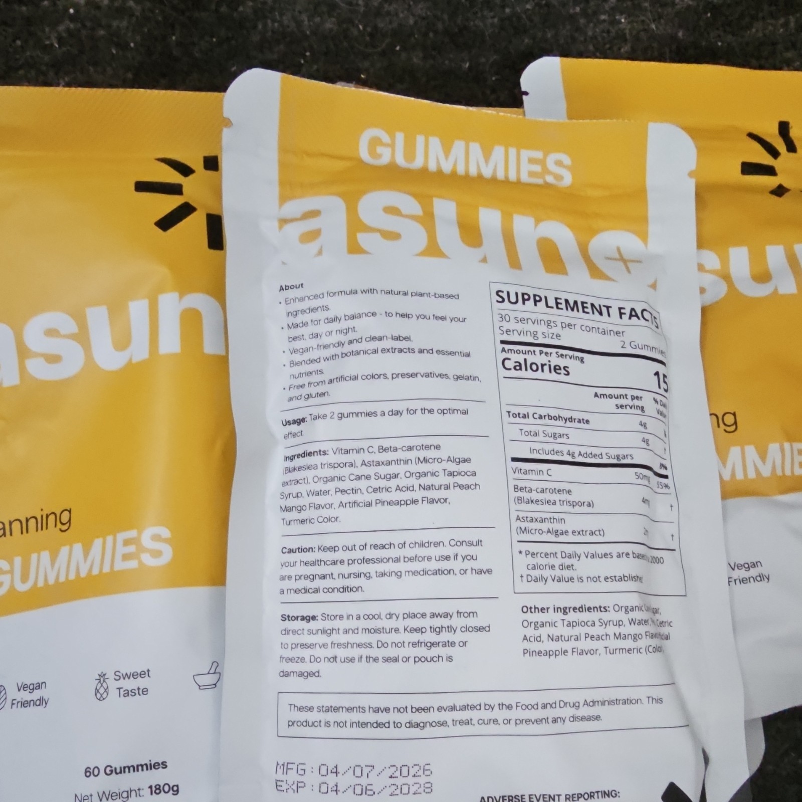 asun+ Tanning Gummies Dietary Supplement 60 Ct 180g Vegan w/ Vitamin C
