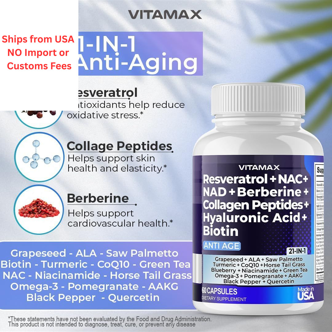 Vitamax Resveratrol NAD+ Berberine Hyaluronic Acid – 60 Count (Pack of 2)