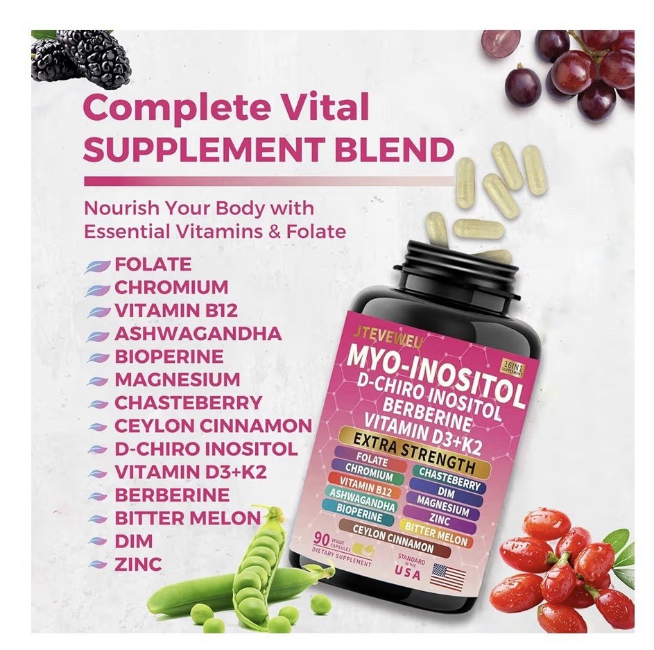 JTEVEWEU Myo-Inositol D-Chiro Inositol Berberine Vitamin D3 K2 90 Capsules Women