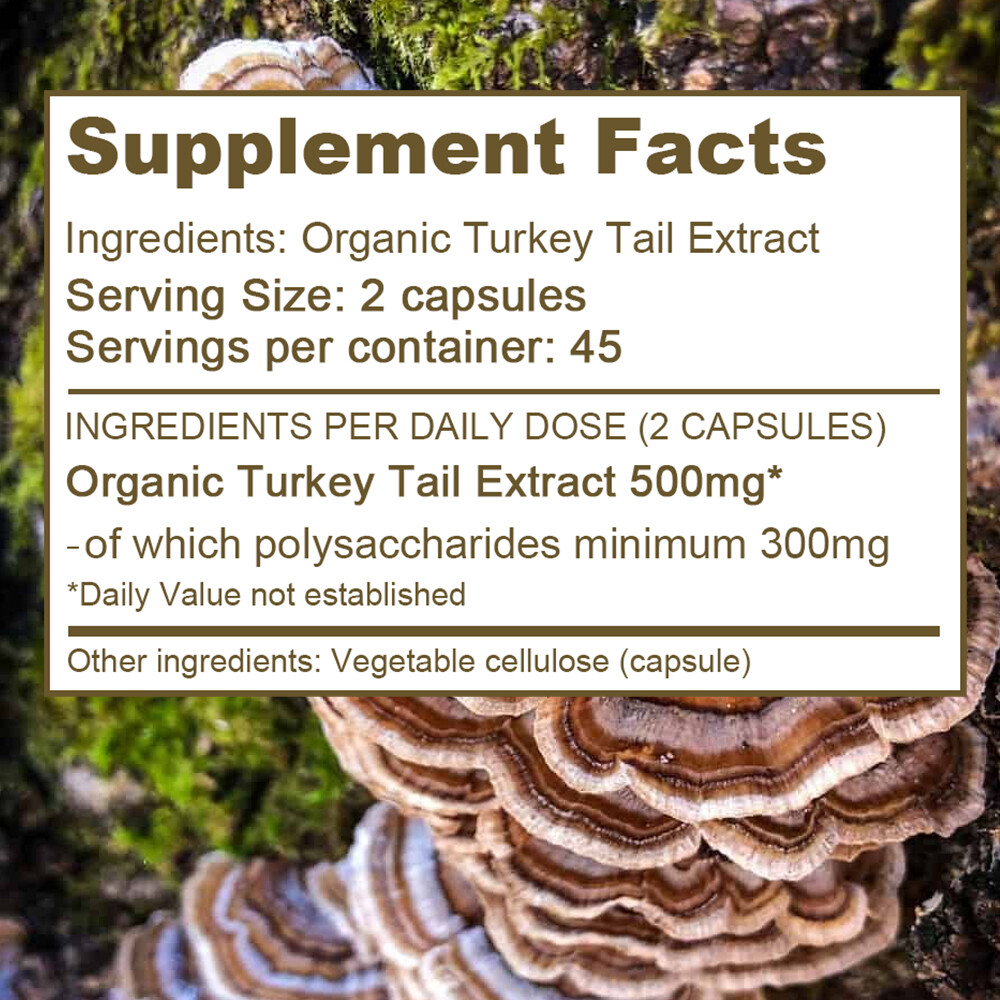 Turkey Tail Mushroom Capsules 500mg, Organic Dual Extract, Digestive Health