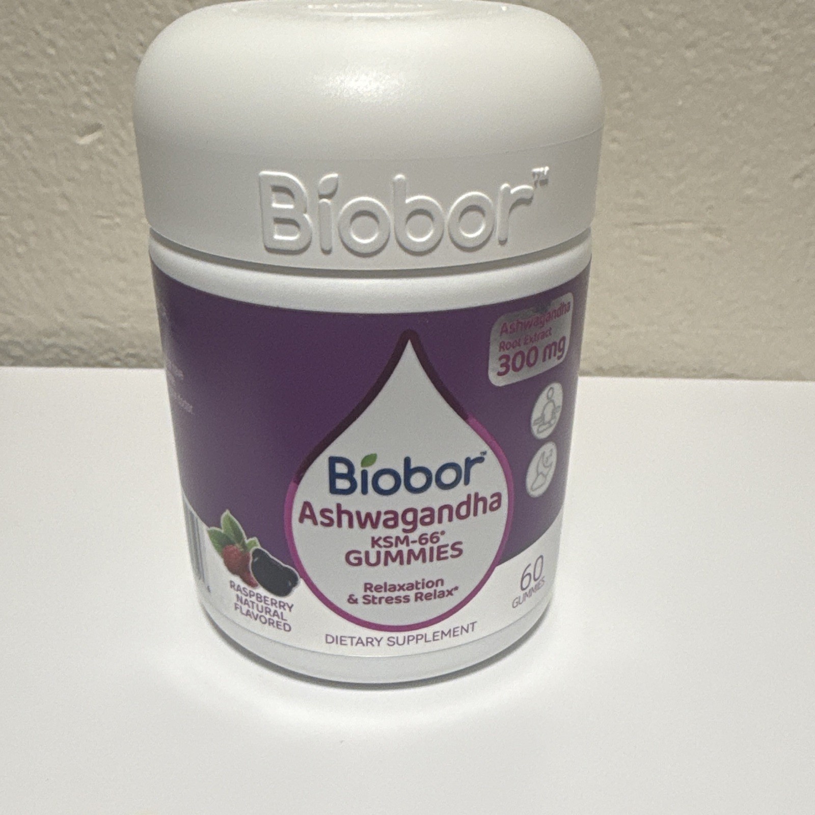 Biobor Ashwagandha KSM-66 Gummies 300mg 60 Count Raspberry Stress Relief