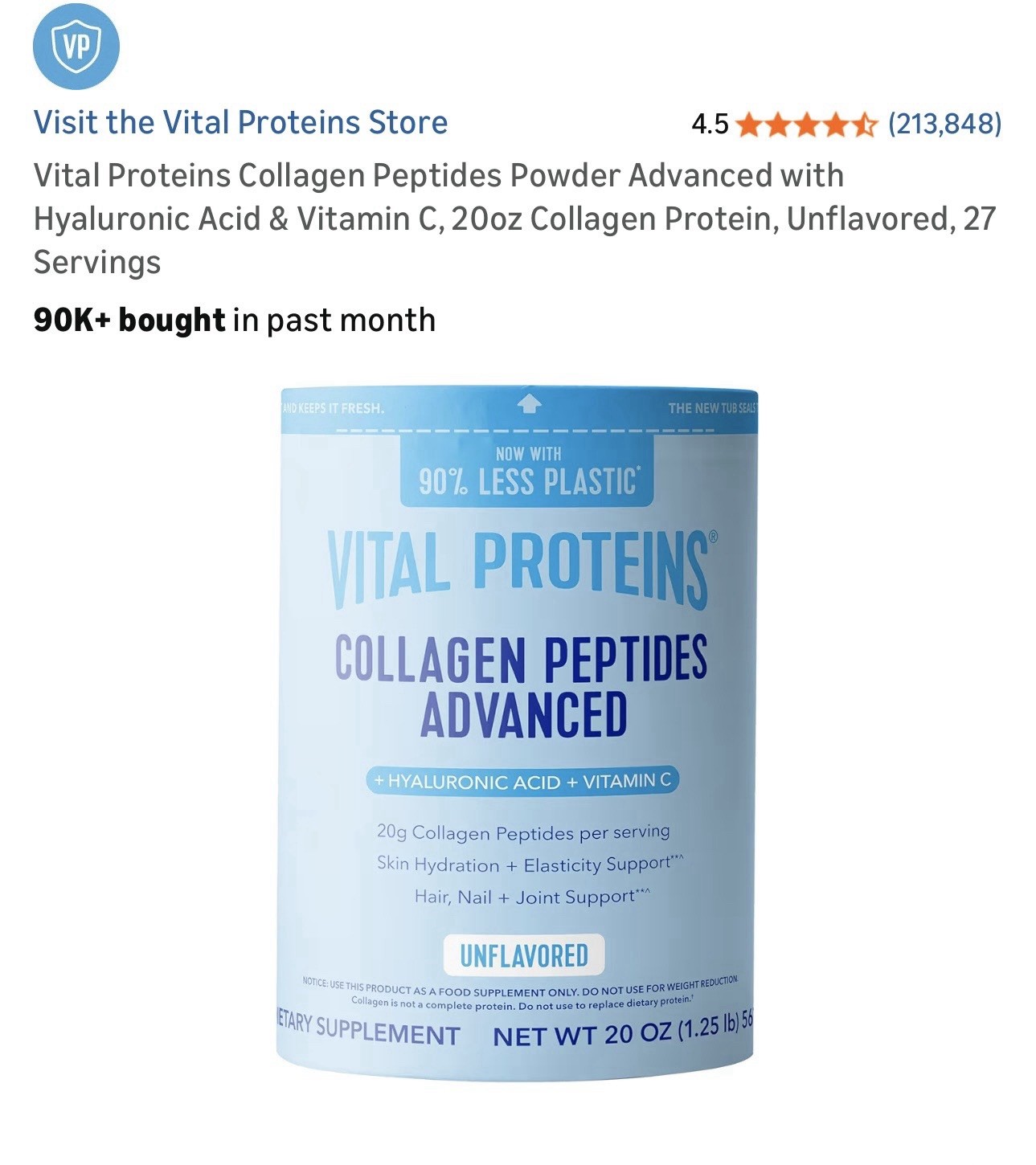 Vital Proteins Collagen Peptides Hyaluronic Acid Vitamin C Powder 20oz