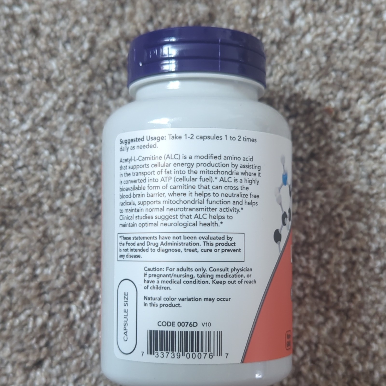 NOW Foods Acetyl-L-Carnitine 500mg Non-GMO Vegetarian Vegan 100 Veg Capsules