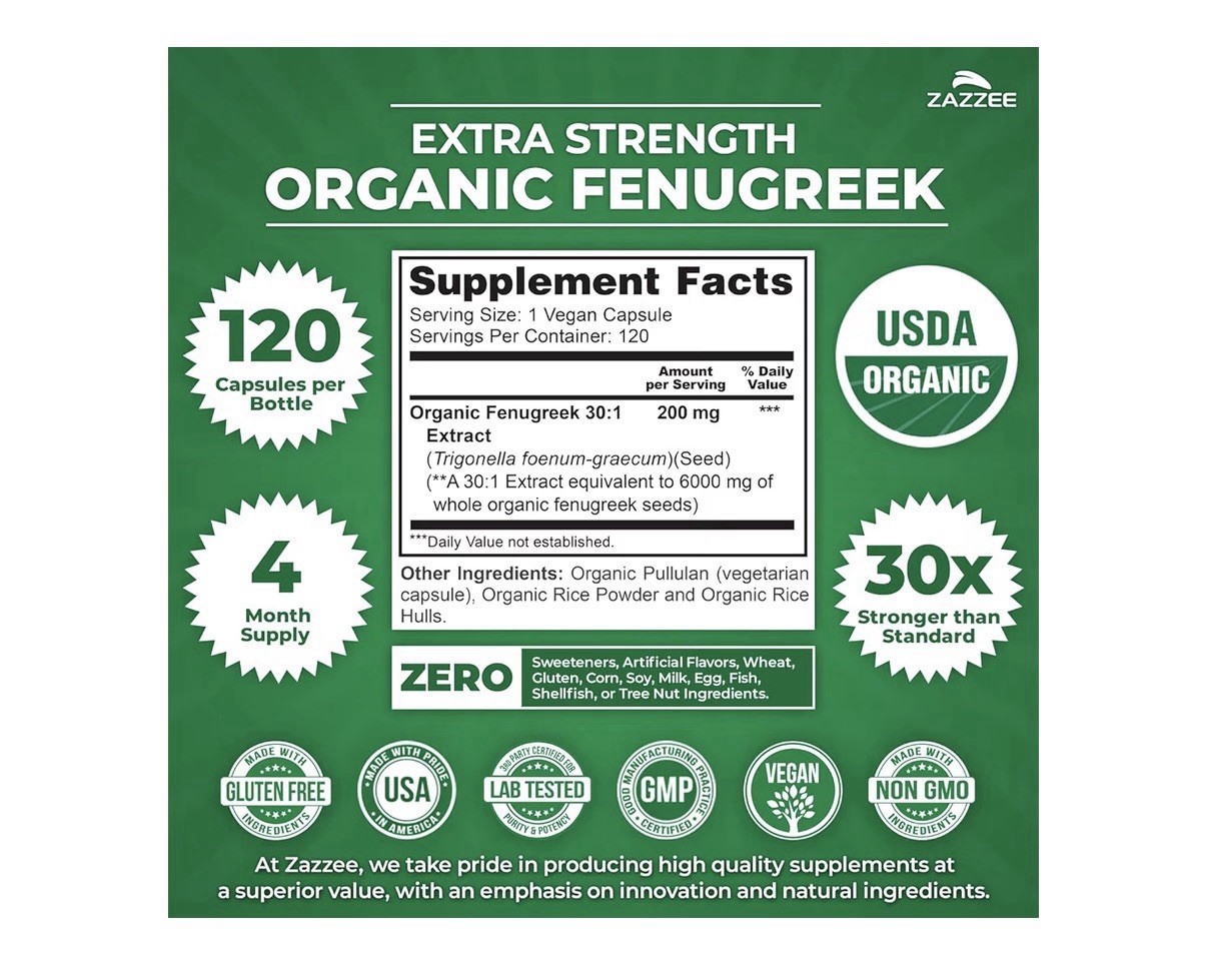 Zazzee Fenugreek Extra Strength Healthy Lactation Overall Health Wellbeing 120ca