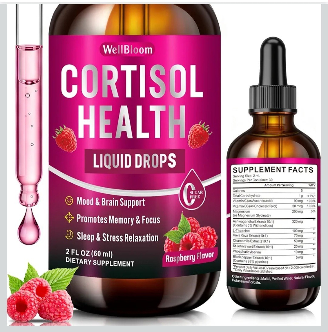 WellBloom Cortisol Liquid Drops Stress Sleep Support Raspberry 2 fl oz