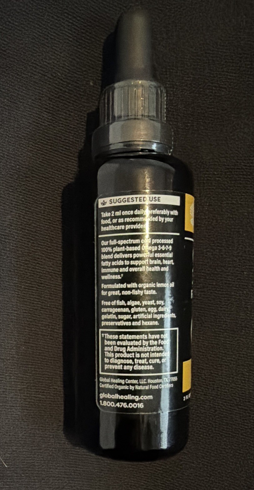 Global Healing Vegan Omega 3-6-7-9 Liquid Drops Lemon USDA Organic 2 fl oz