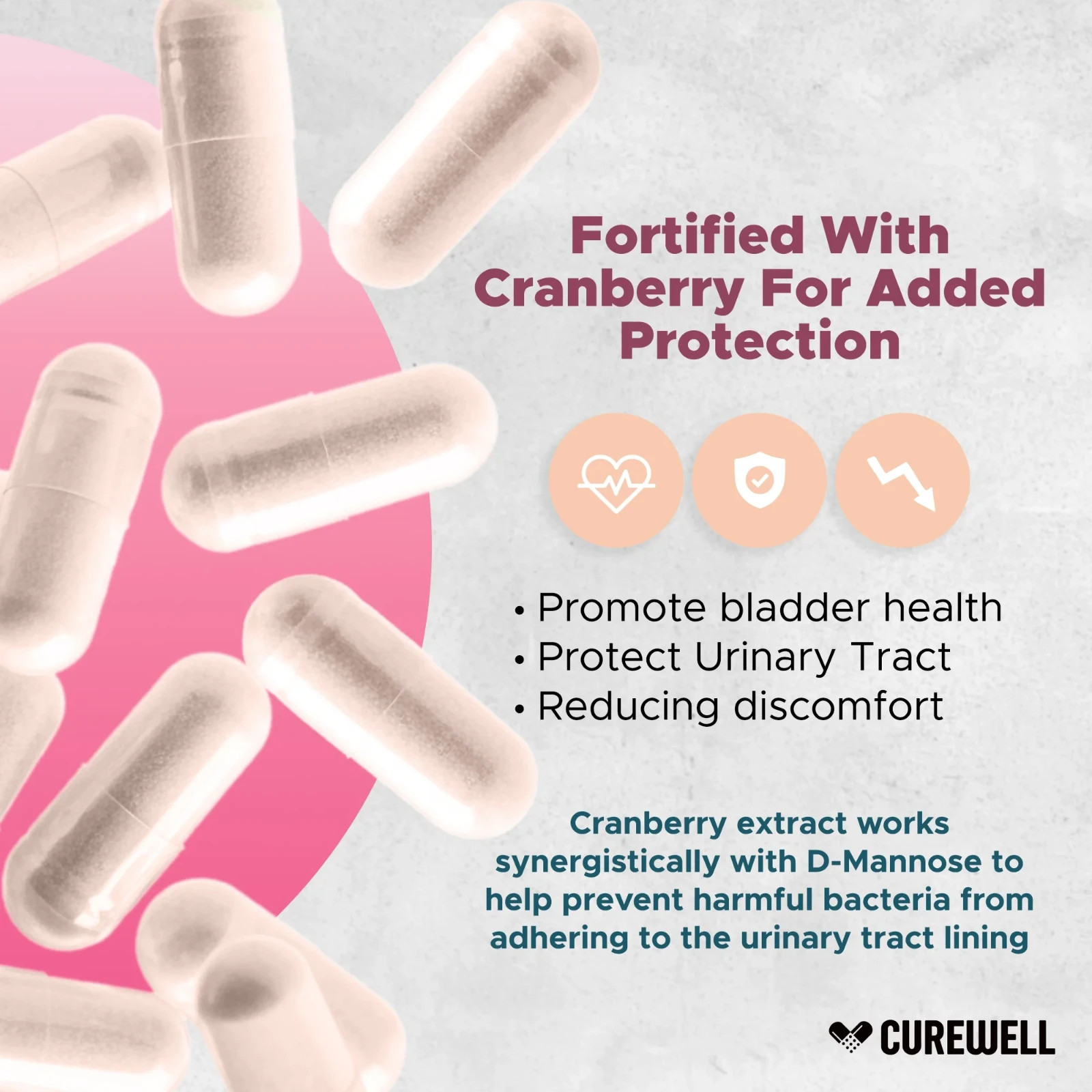 CUREWELL D-Mannose & Cranberry 1300mg (120 Capsules) | Vegan & Non-GMO