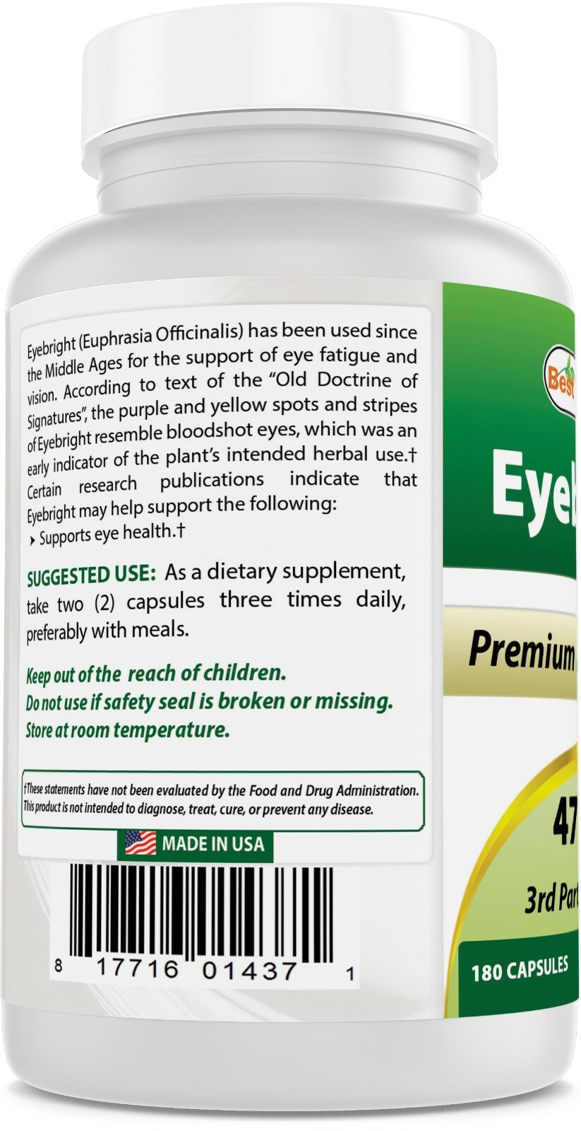 3 Pack Best Naturals Eyebright 470 mg 180 Capsules