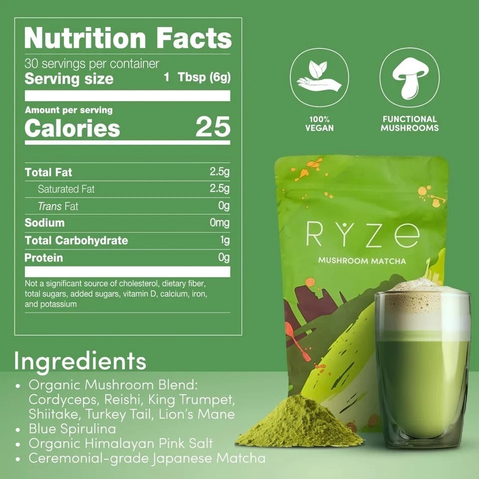 Ryze Organic Mushroom Matcha – 3-Pack, 30 Servings Each