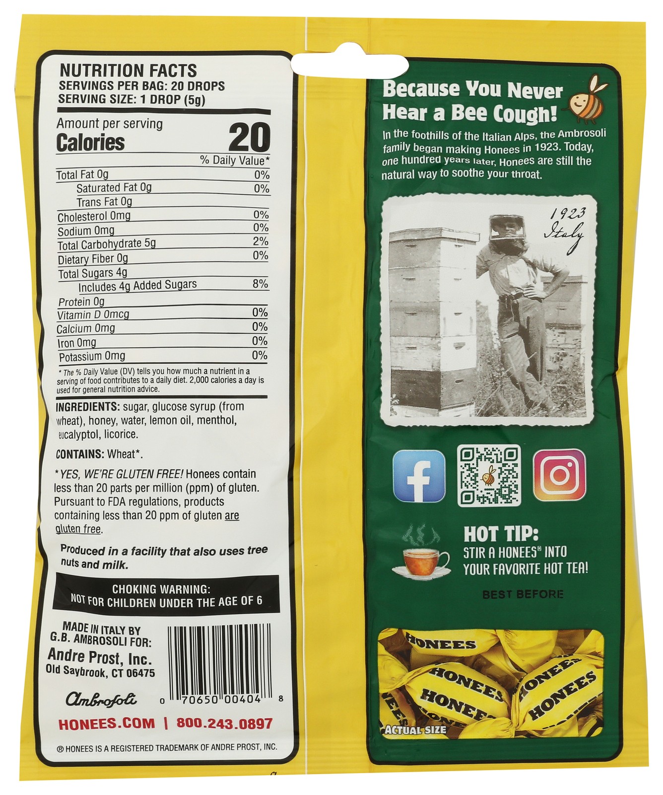 Honees Soothing Throat Drops Honey Lemon Menthol Eucalyptus 20 Pieces Ct 1 Pack