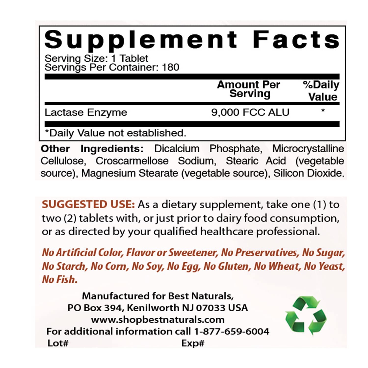 Best Naturals Lactose Intolerance Relief 180 Count (Pack of 1), No Color