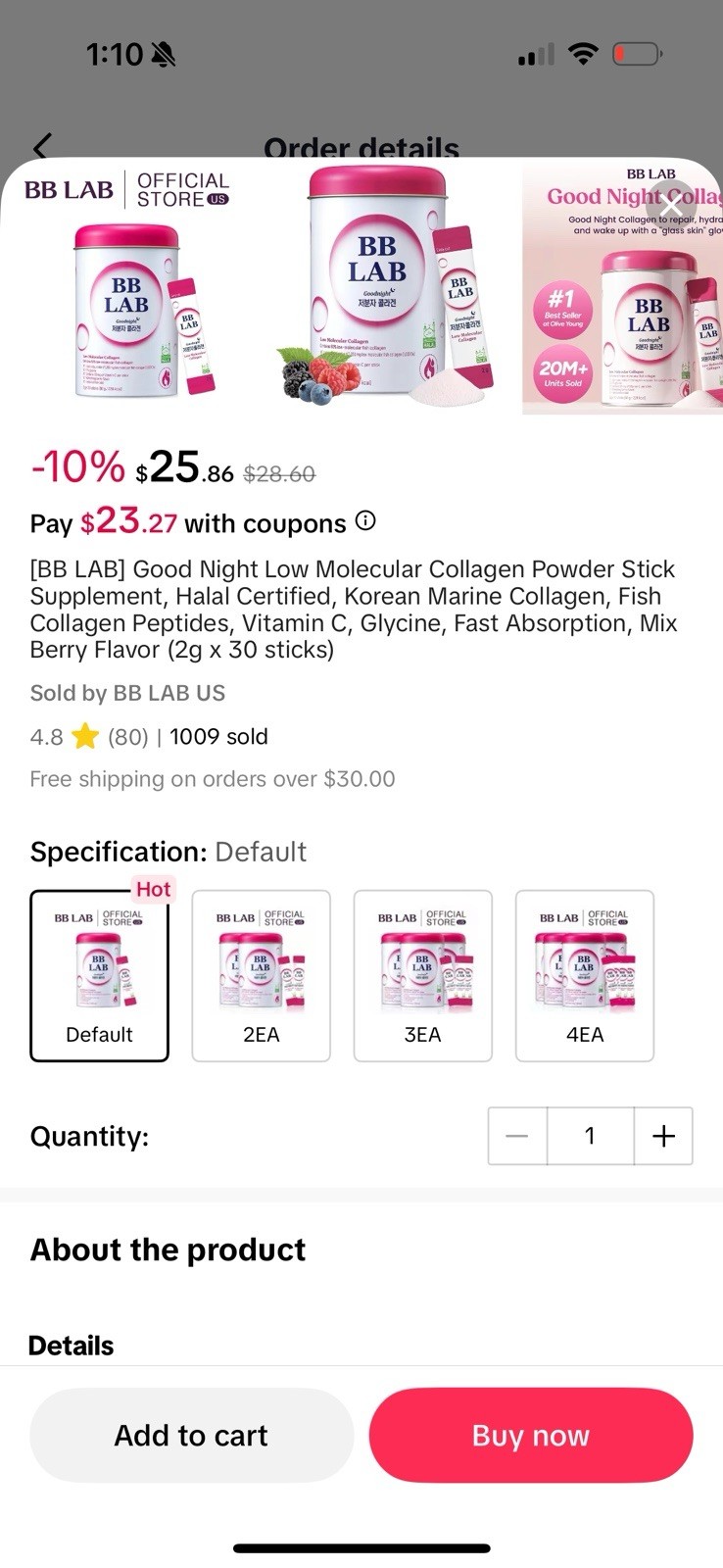 BB Lab Collagen Powder Stick Mix Berry Flavor 2g X 30 Sticks New