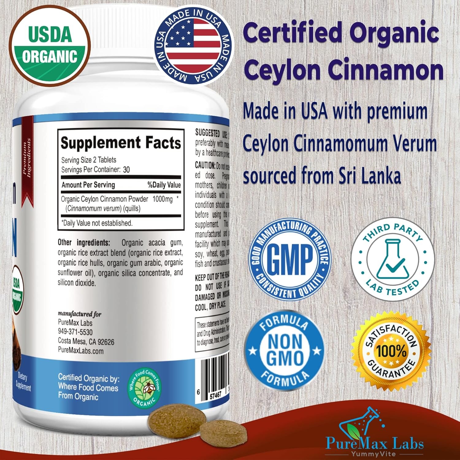 Organic Ceylon Cinnamon – 1000Mg per Serving, Certified Organic True Cinnamon Su