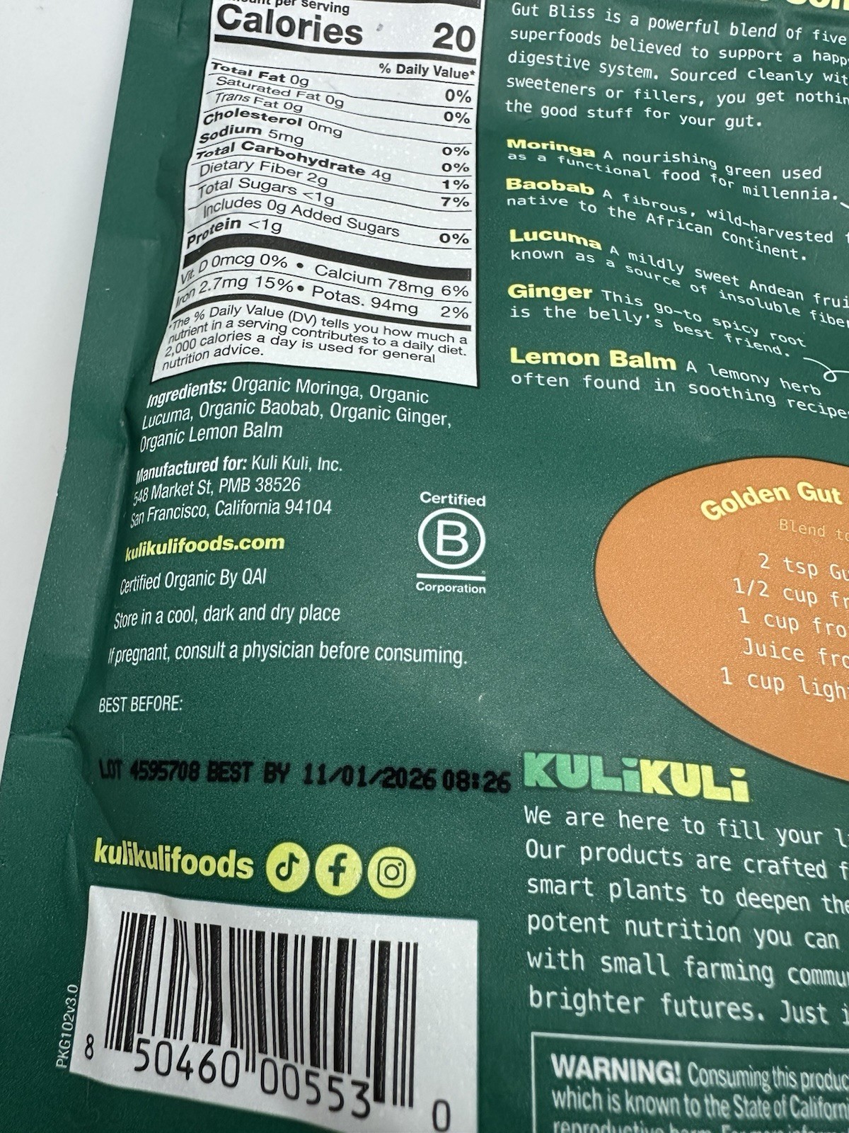 2 Kuli Kuli Organic Gut Bliss Superfood Blend 6oz Ea Exp11/26