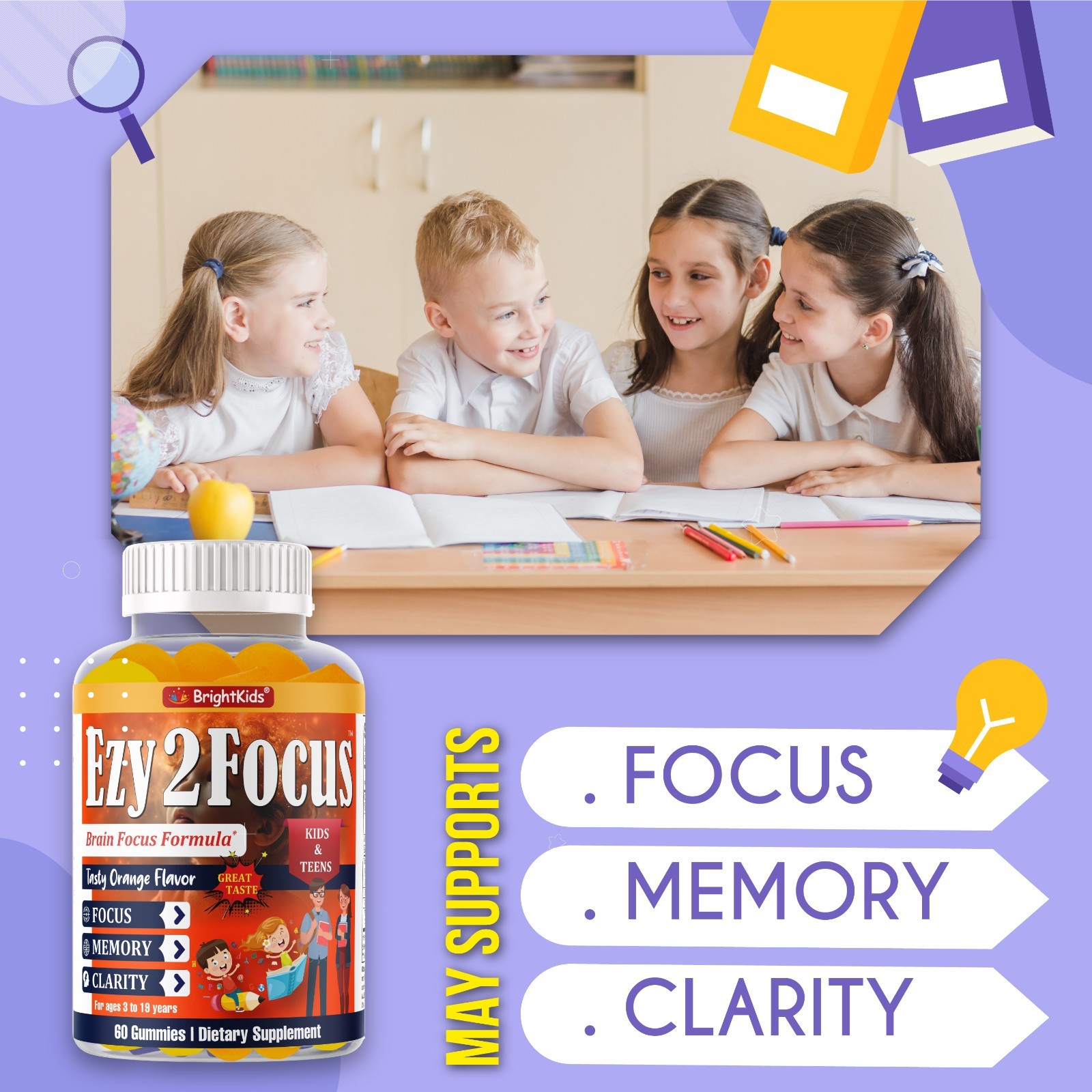 Ezy2Focus Brain Focus Gummies for Kids & Teens Memory Clarity Orange 60 Count